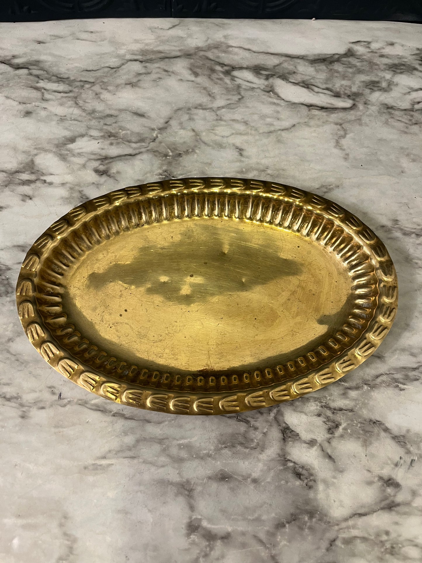 Oval Brass Small Tray Feet Markings on edge