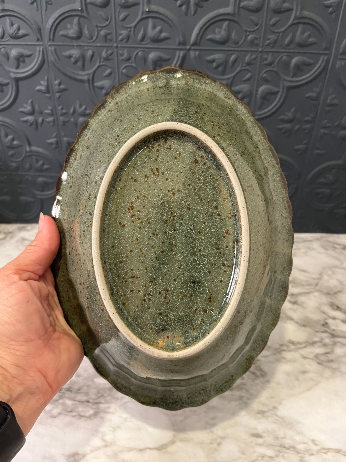 Green and Brown scallop Pottery Bowl