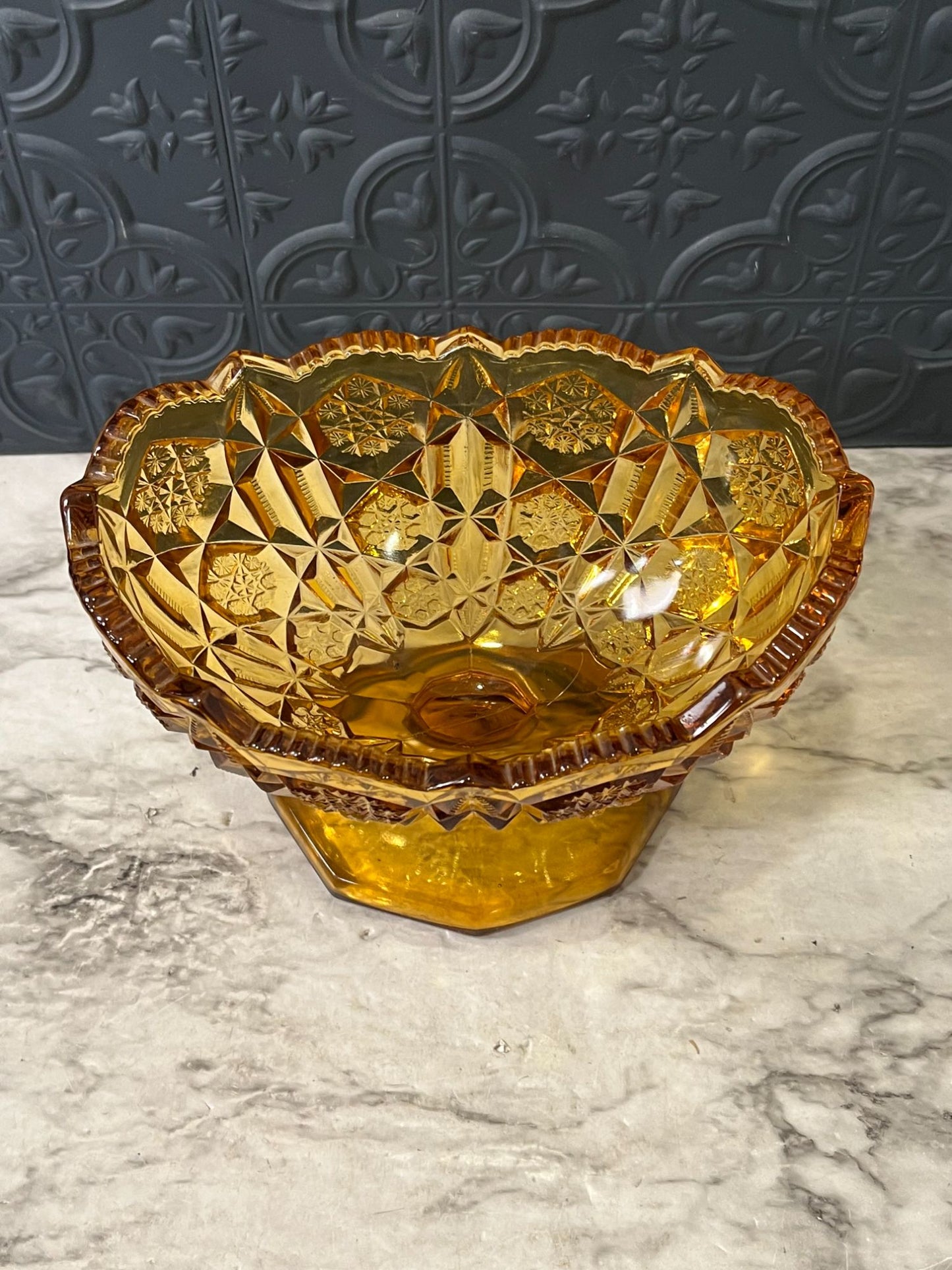 Kemble Wheaton Amber glass sawtooth pedestal bowl