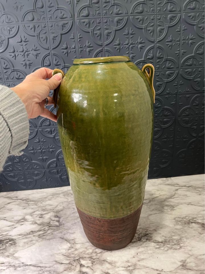 Large Green Glazed Vase With Brown Bottom