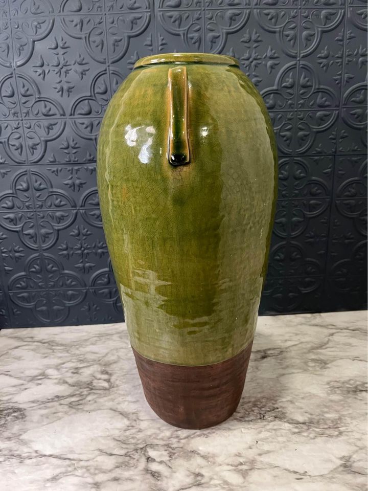 Large Green Glazed Vase With Brown Bottom