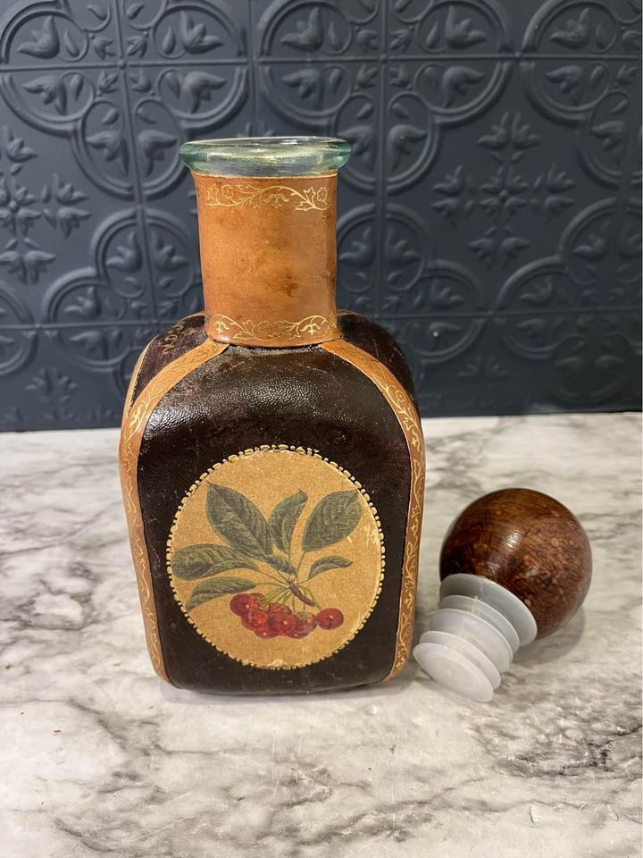 Brown Leather Wrapped Decanter with fruit