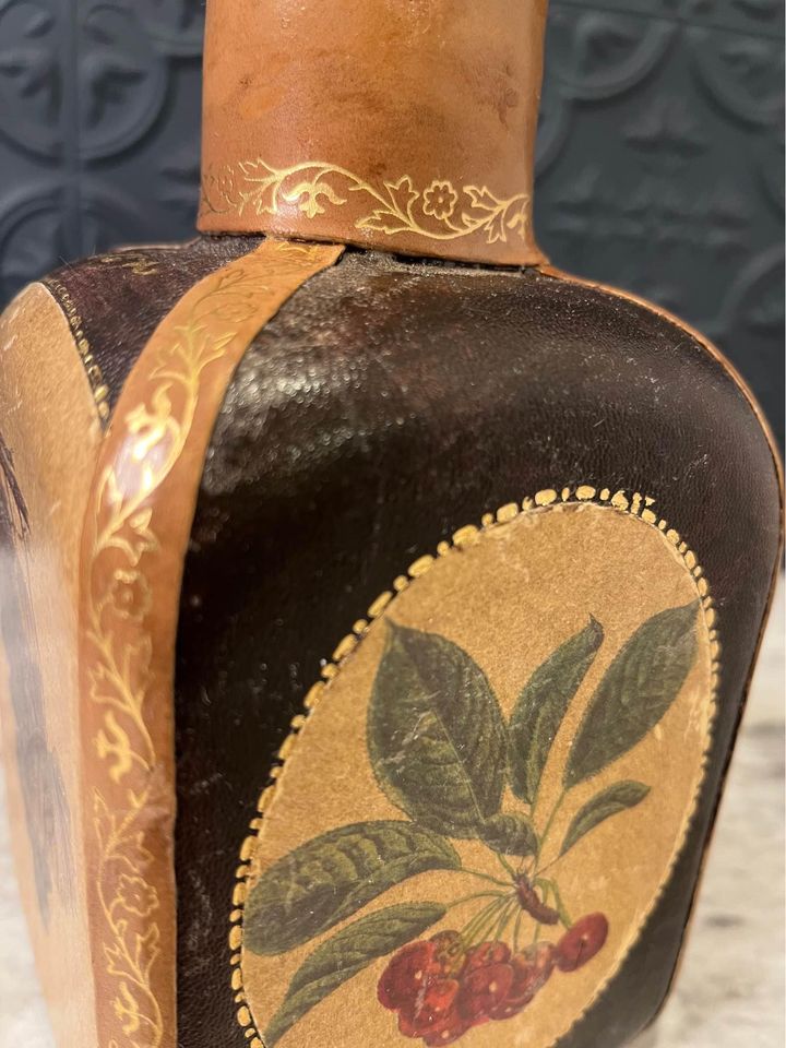 Brown Leather Wrapped Decanter with fruit