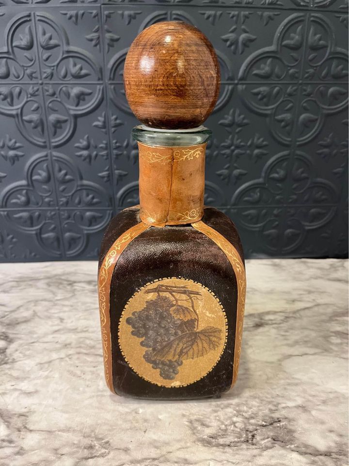 Brown Leather Wrapped Decanter with fruit