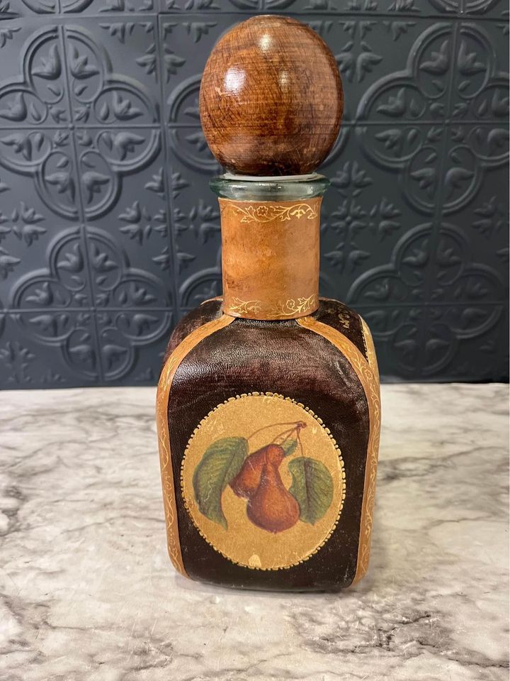 Brown Leather Wrapped Decanter with fruit
