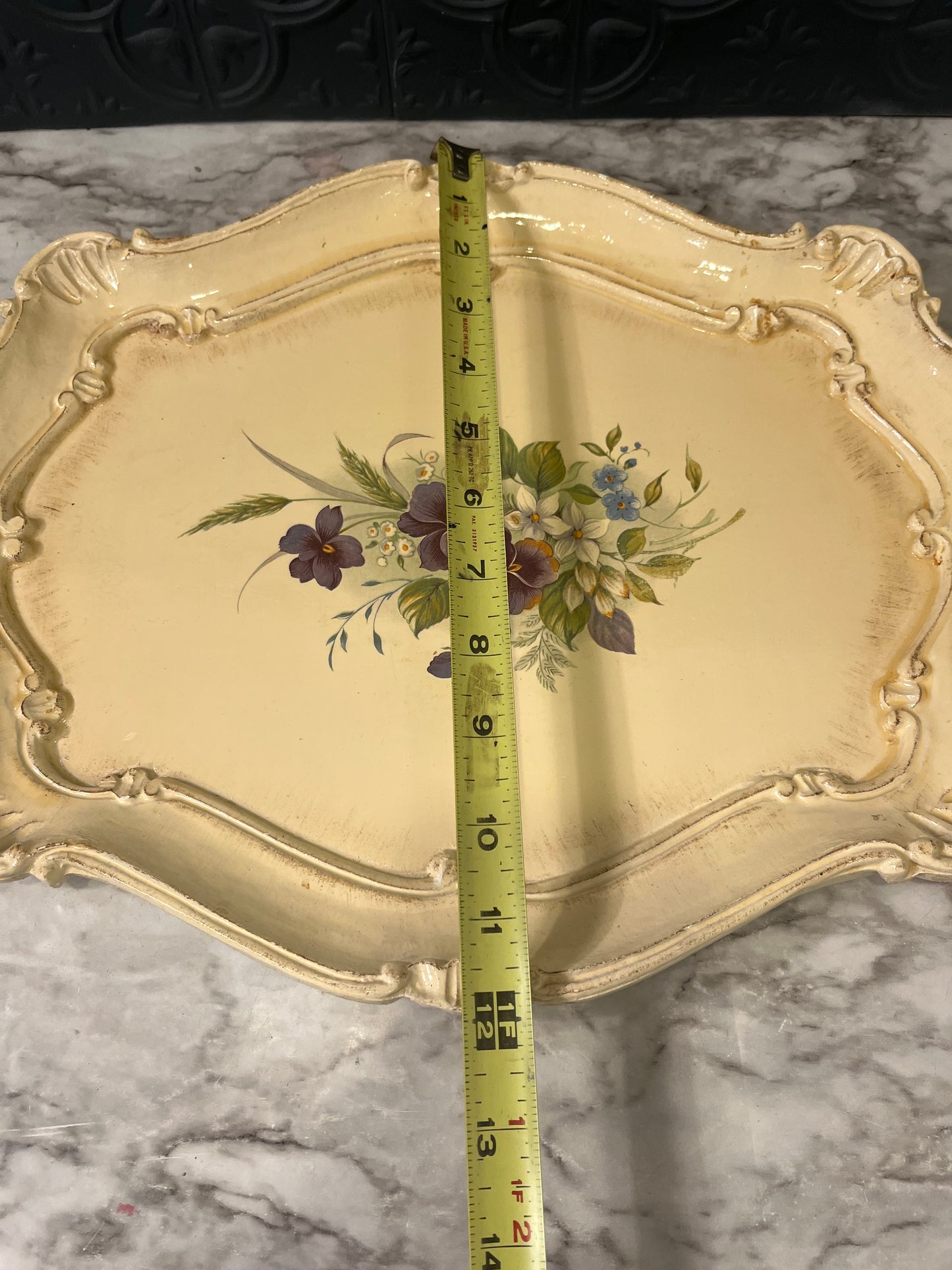 Cream Italian Wood Tray with Purple Flowers