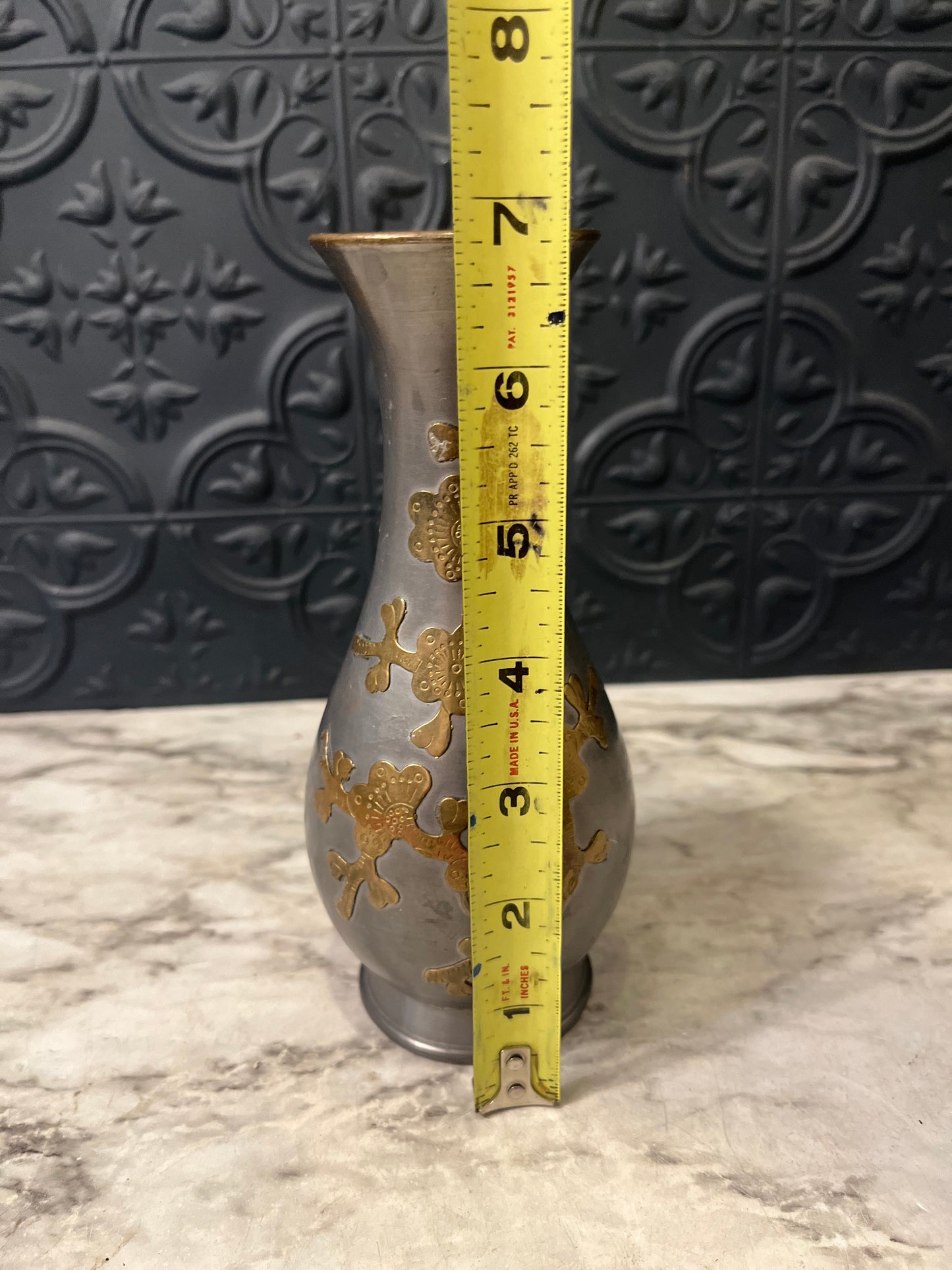 Pewter Vase with Brass Inlay