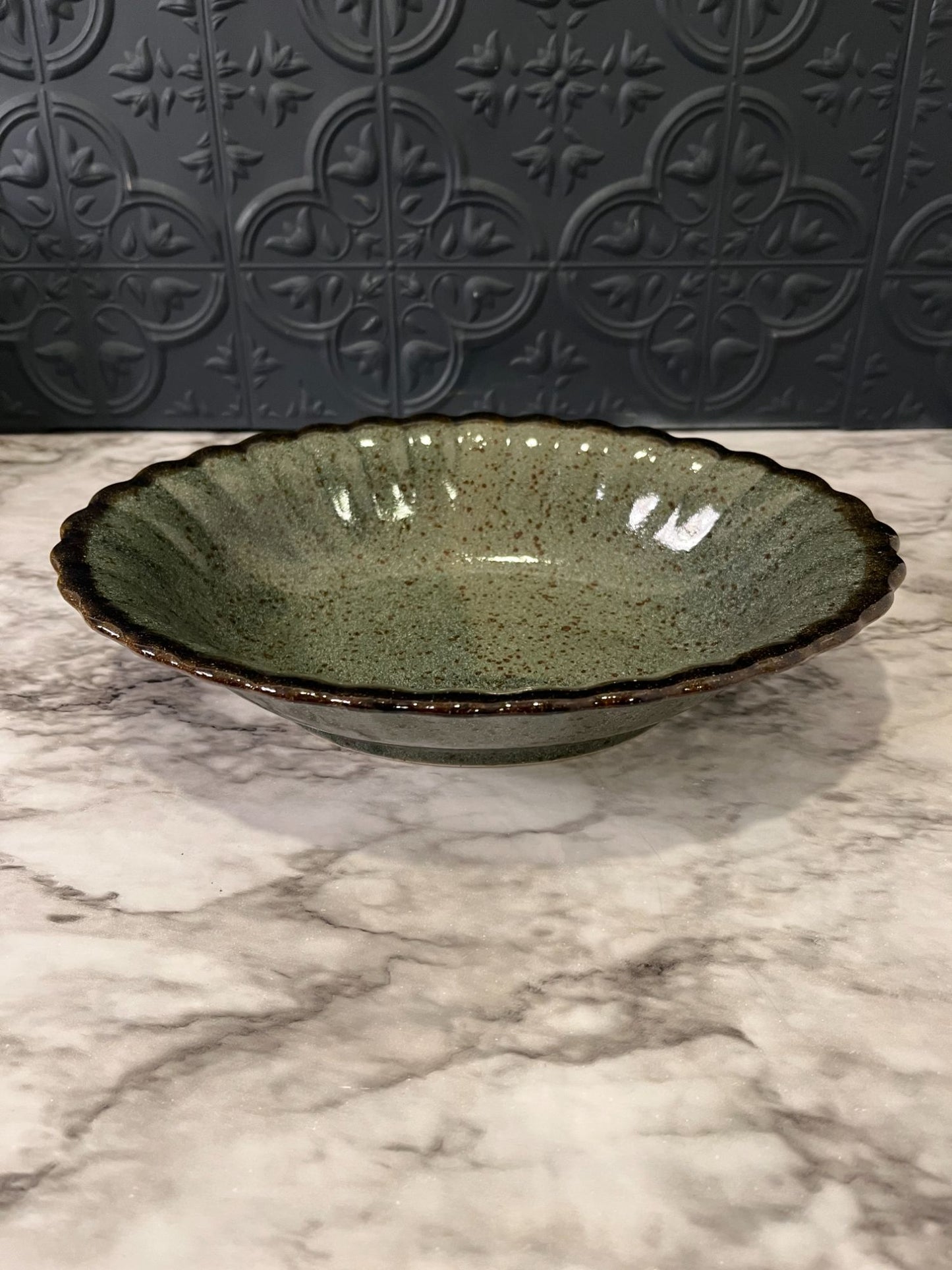 Green and Brown scallop Pottery Bowl