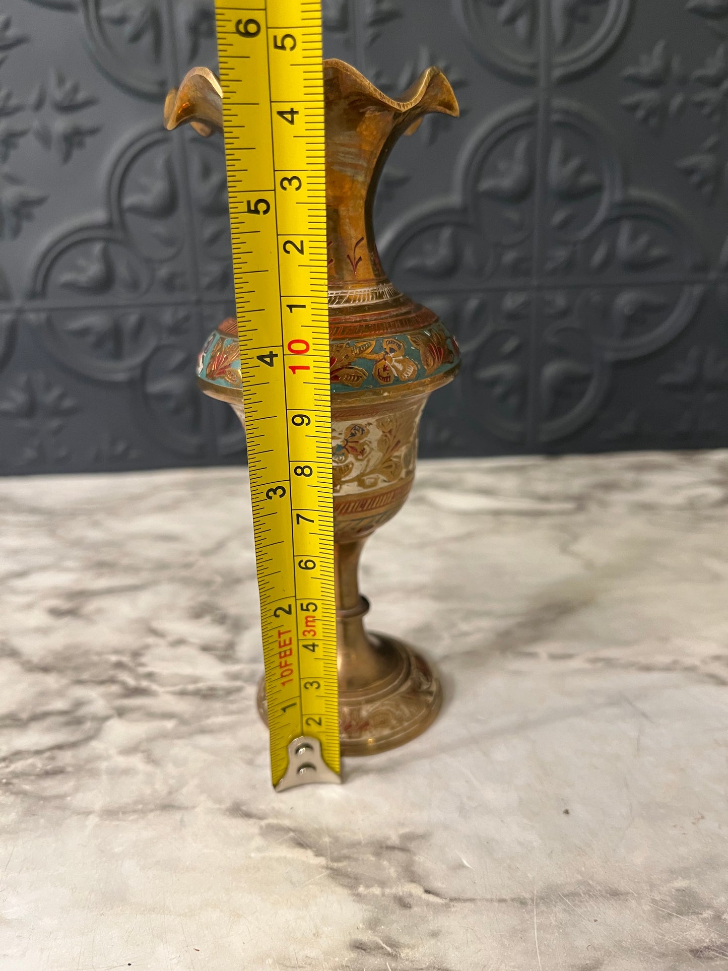Brass and Enamel Etched Vase Small