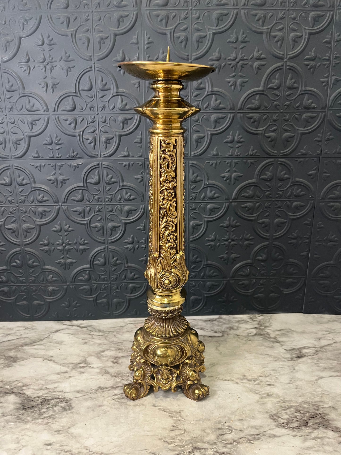 17" Ornate Brass Pillar Holder