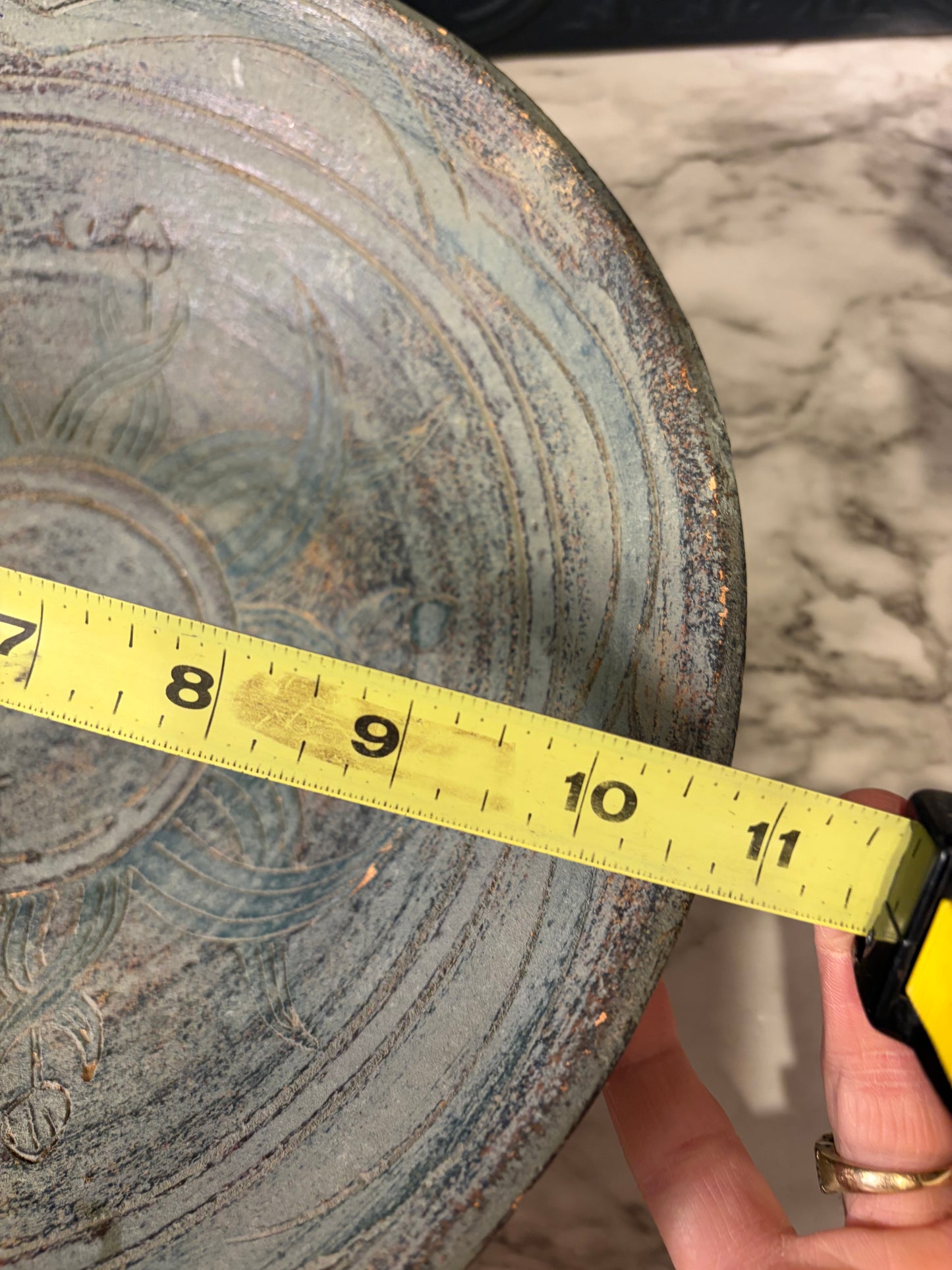 Blue Stone Pottery Bowl in Brutalist Holder