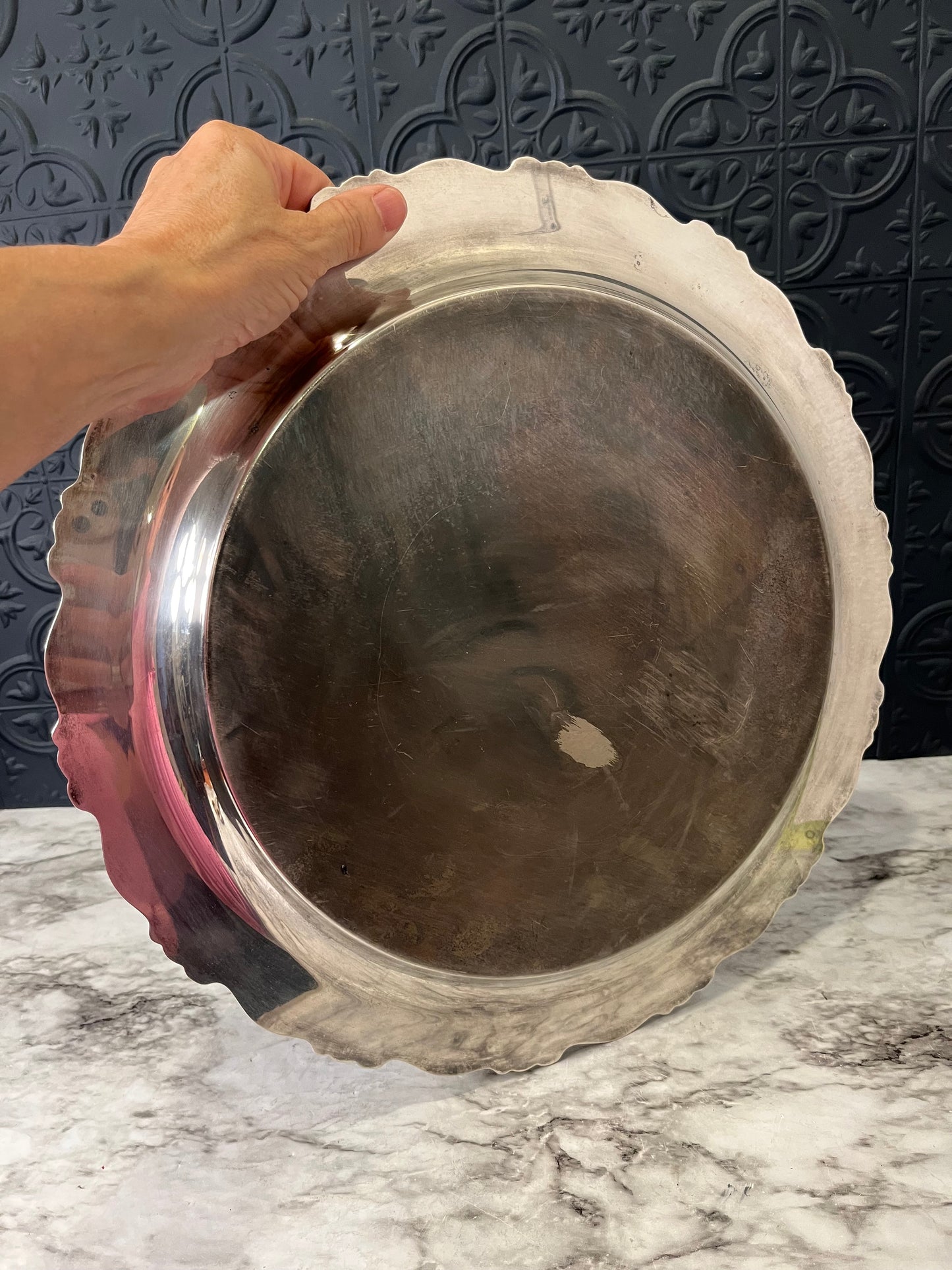Silver Plate Tray Round 15" Etched