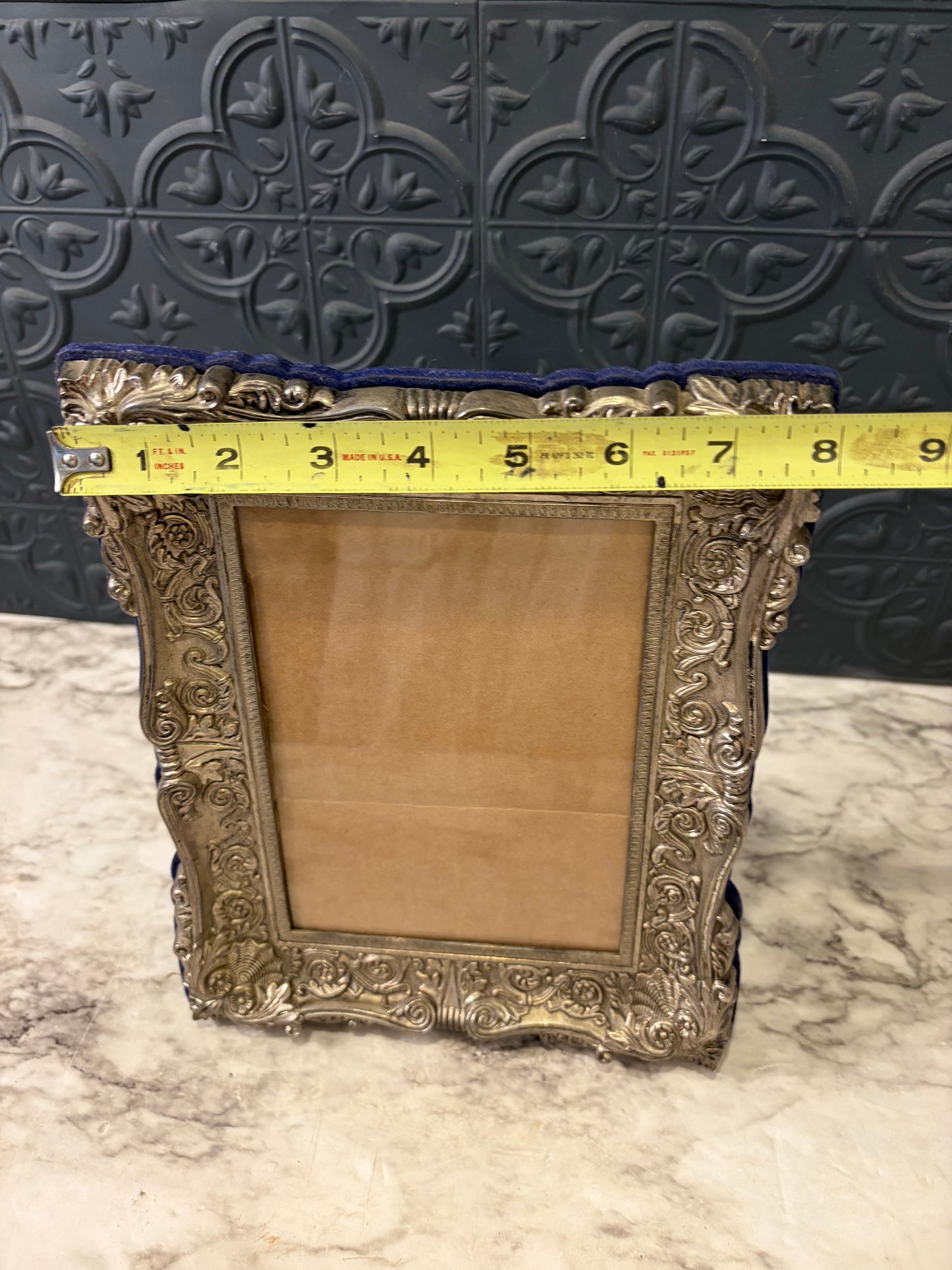 Vintage Ornate Silver tone Frame with Bllue Velvet Back