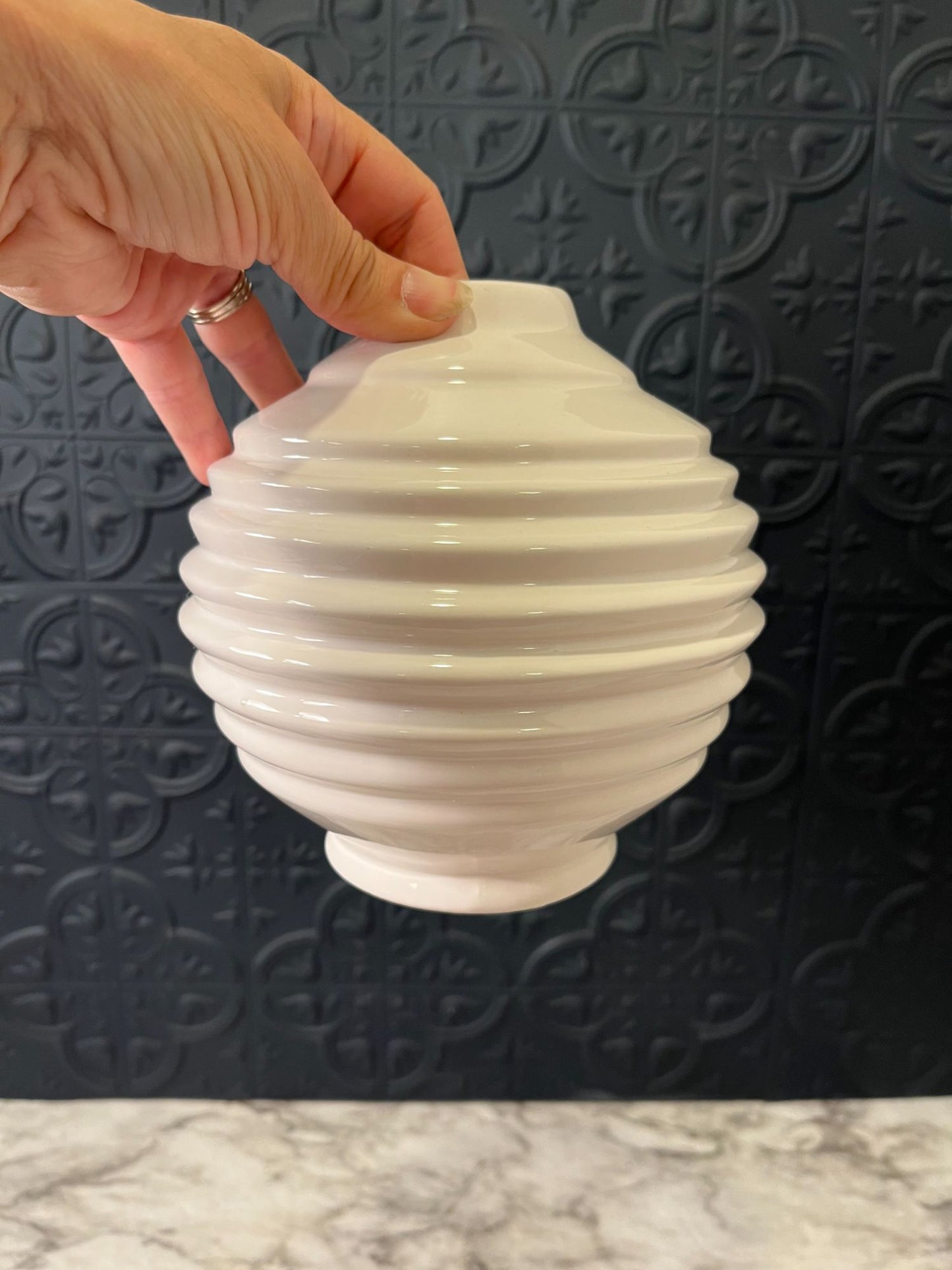 Round Ribbed White Ceramic Vase
