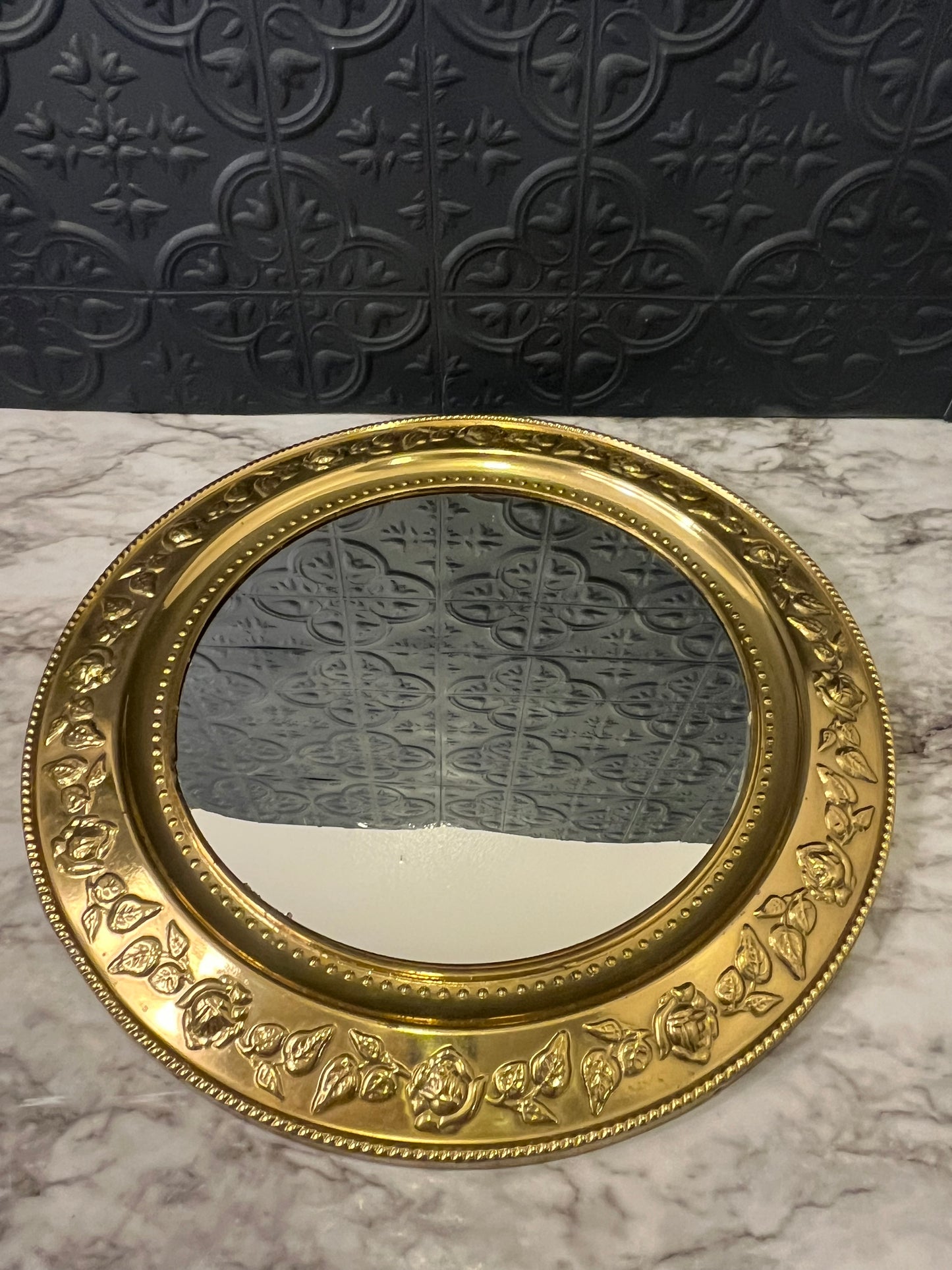 Round Embossed Brass Mirror
