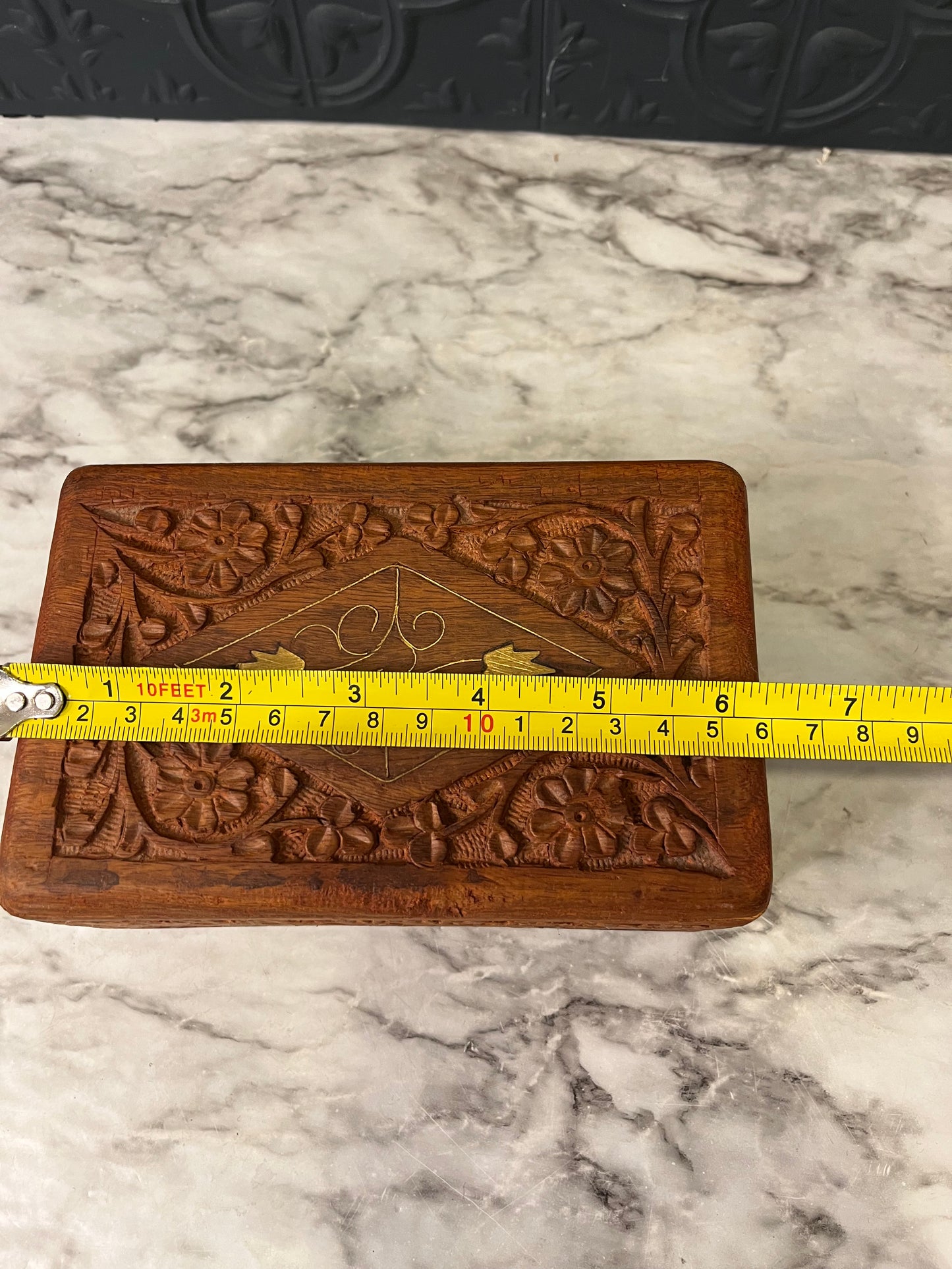 Carved Wood Box with 2 Brass Leaf inlay