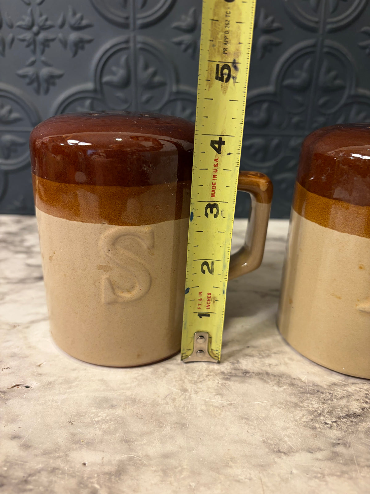 Vintage Brown and Cream Stoneware Salt and Pepper shakers