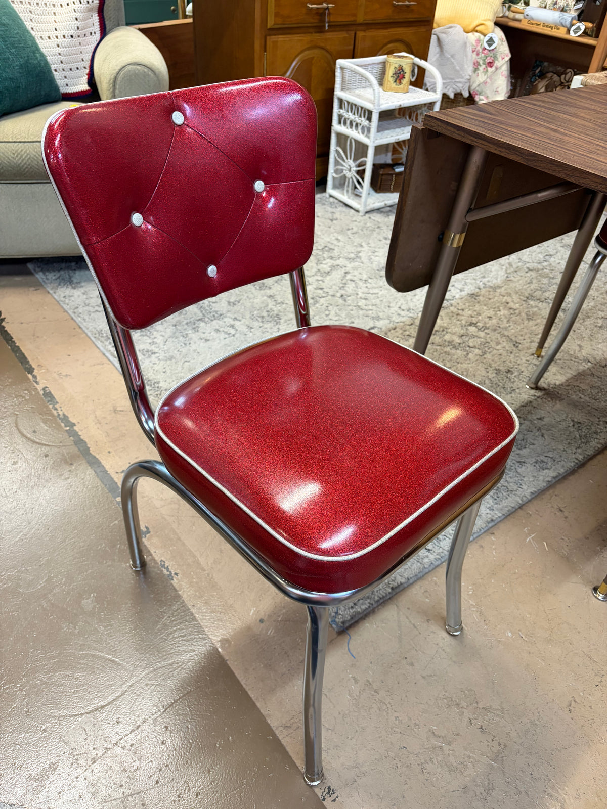 Walter of Wabash Formica drop leaf table and 2 Red vinyl Chairs