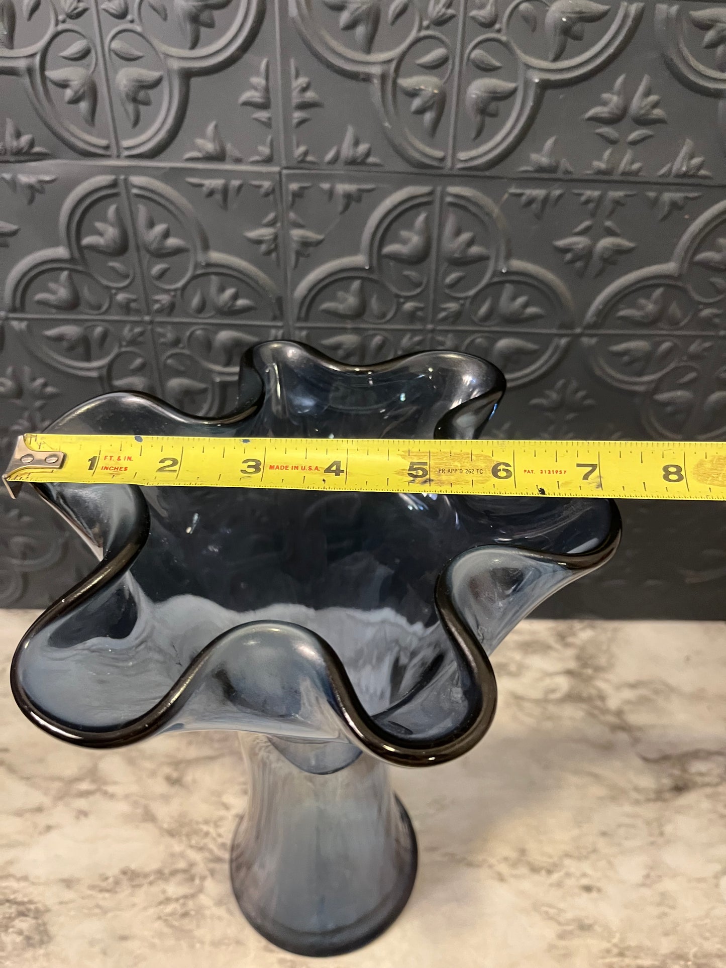 Smokey Blue Glass Vase with Ruffle Top Made in Spain