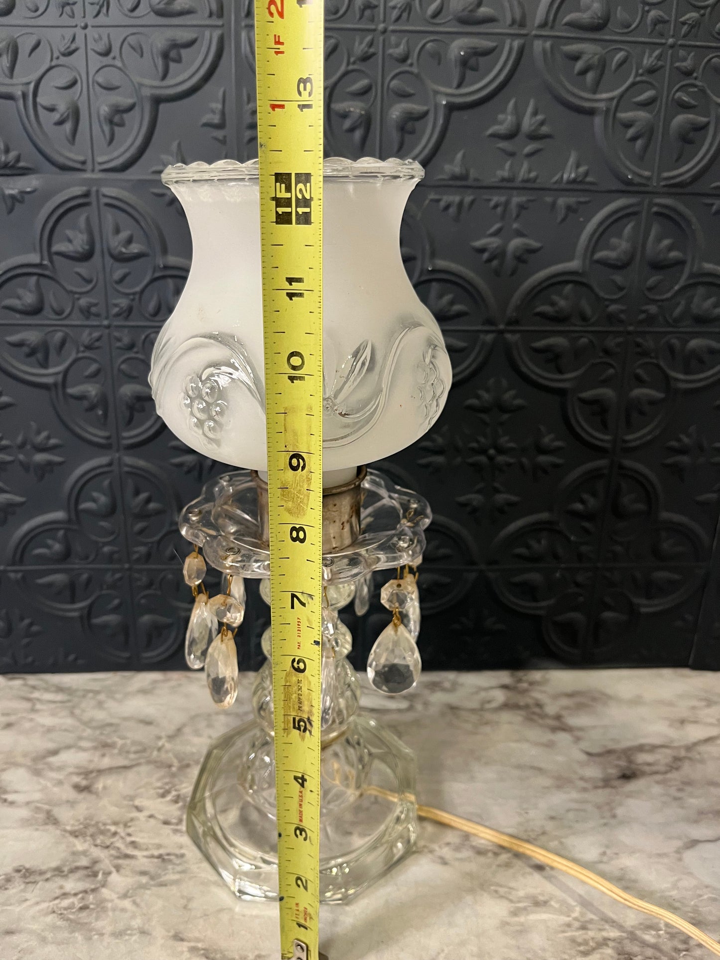 Antique Table Lamp with Hurricane and Crystals