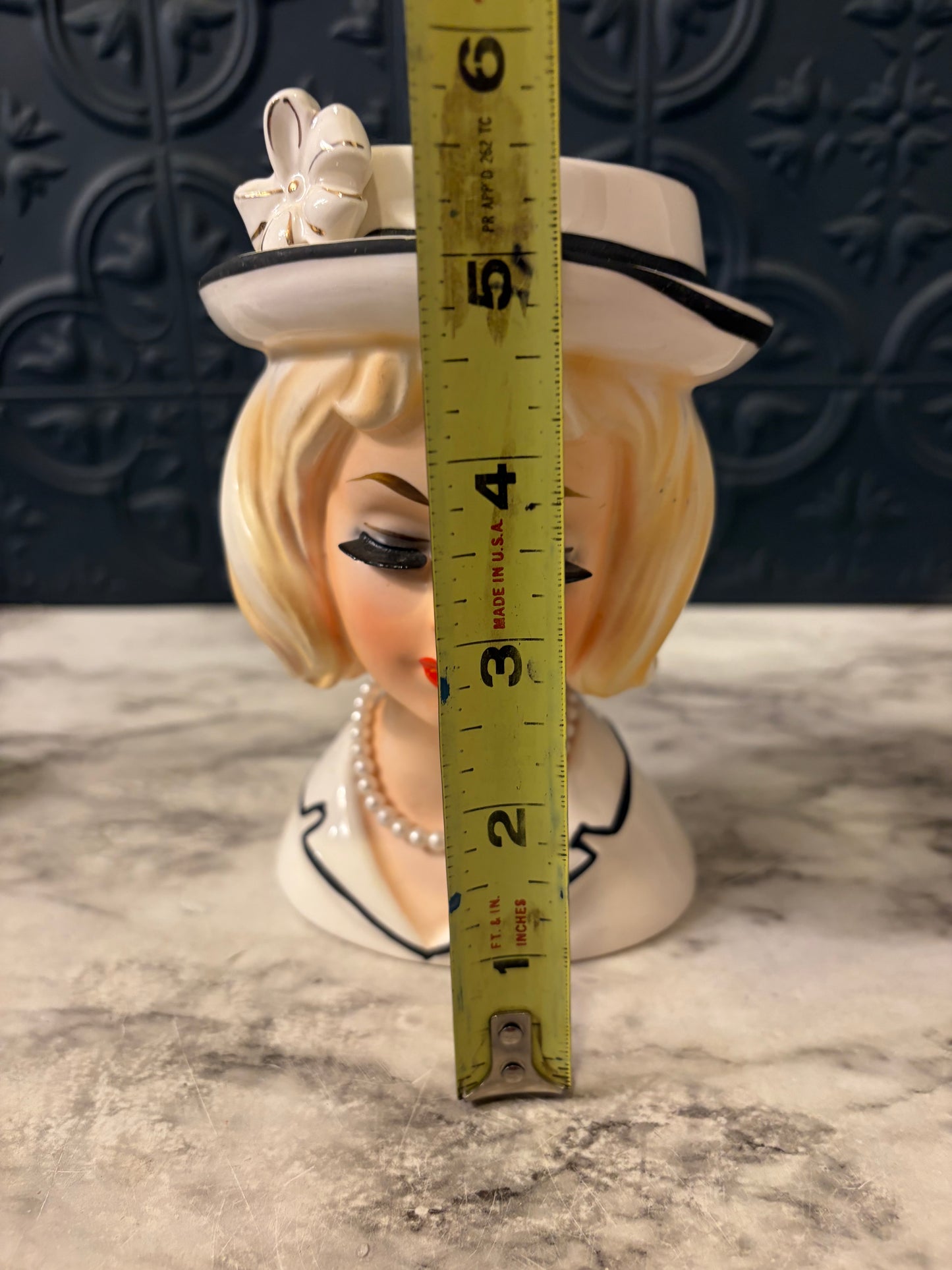Lady Head Vase with White Hat and Black Trim
