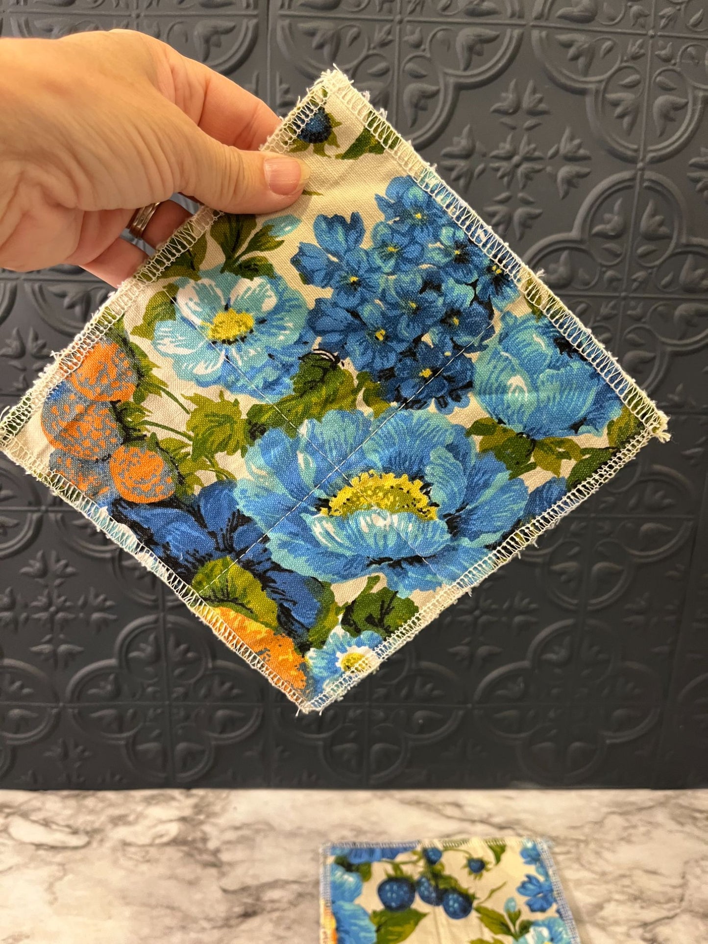 Blue Flower Fabric Trivets x 2