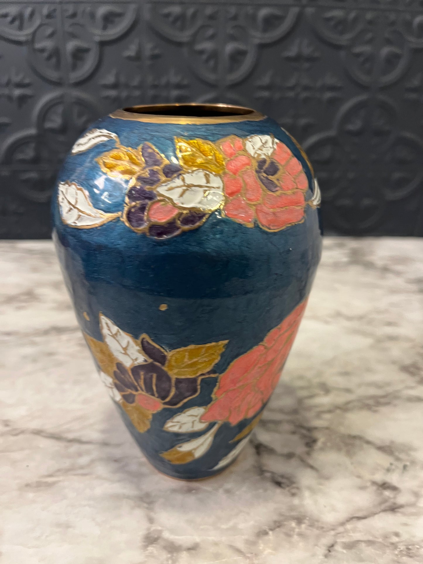 Blue and Peach Brass Cloisonne Vase