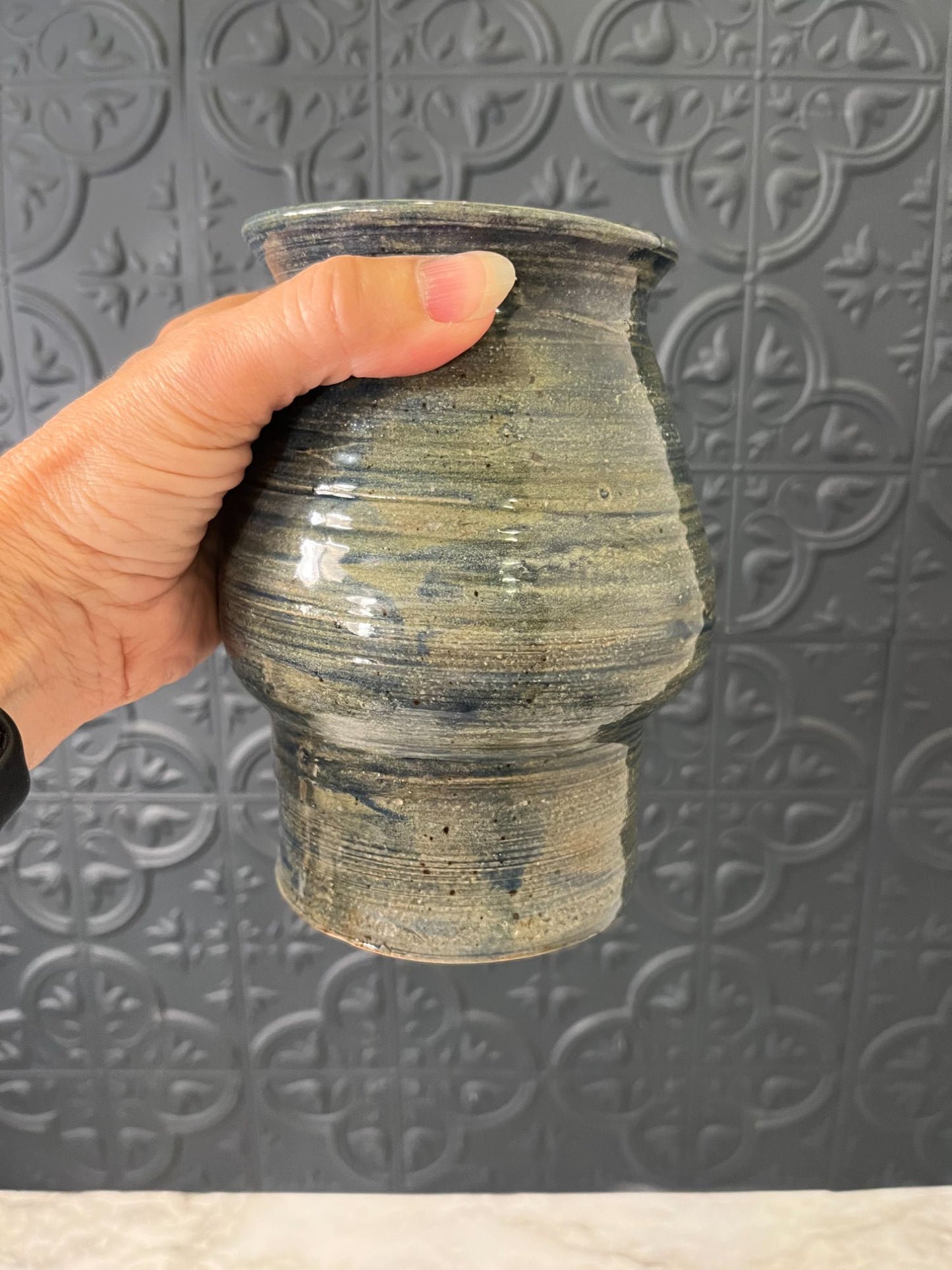 Blue Ribbed Glazed Pottery Vase