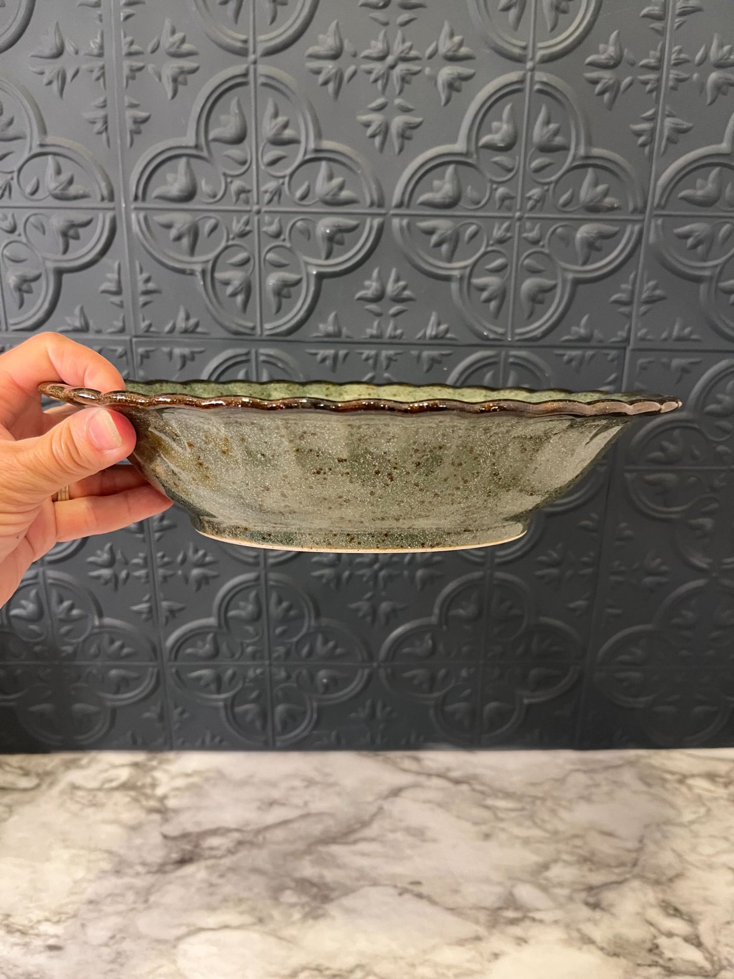 Green and Brown scallop Pottery Bowl