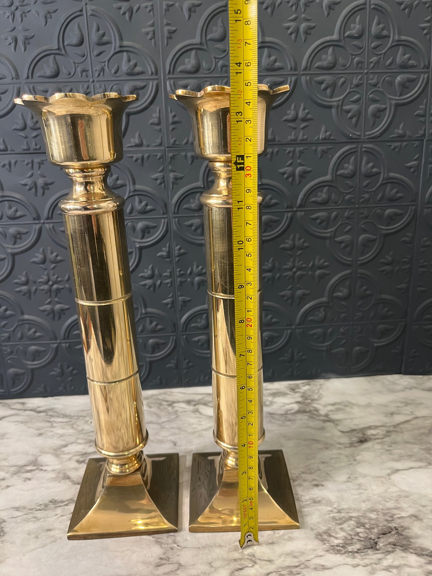 Large Brass Candle Holders with Flower Top x2