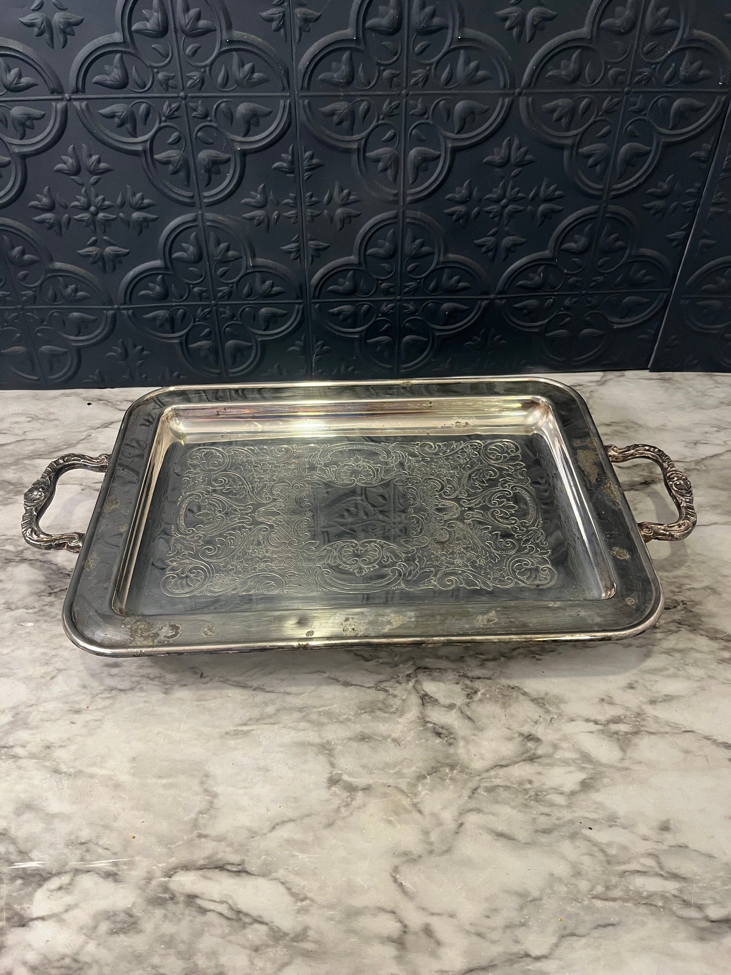 Rectangle Etched Silverplate Footed Serving Tray