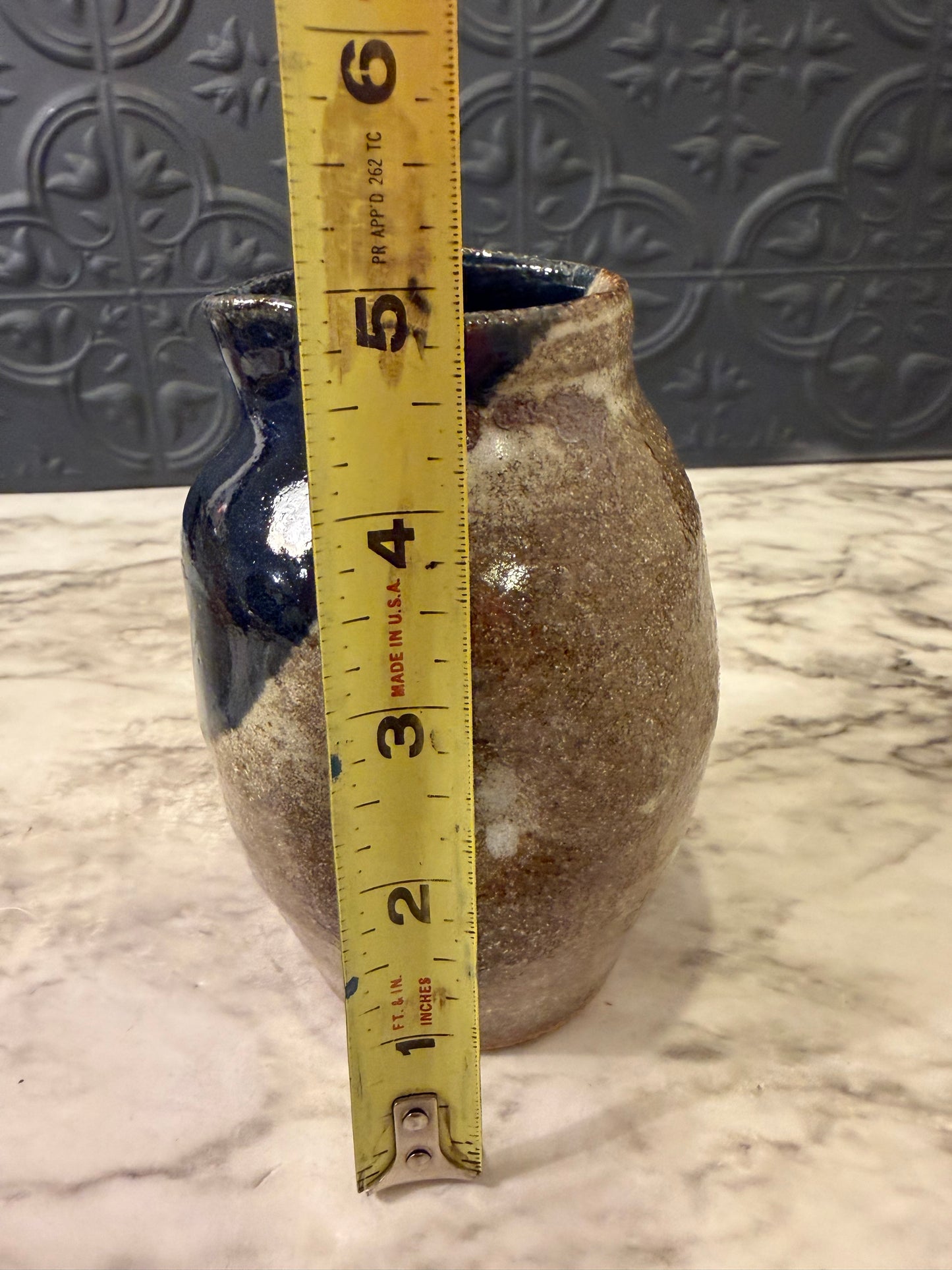 Blue and Brown Pottery Pitcher- Matoba KE Stamped