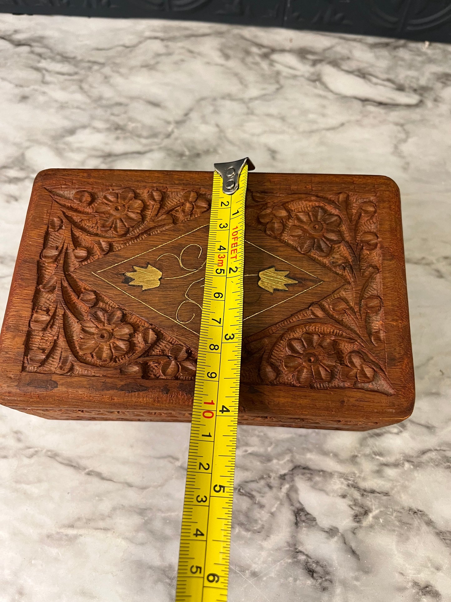 Carved Wood Box with 2 Brass Leaf inlay