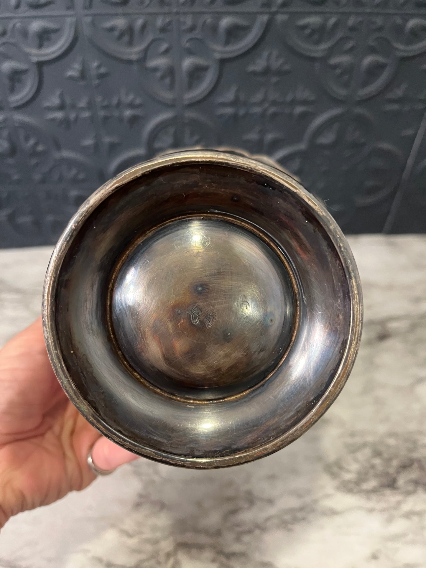 Silver plate vase with scalloped top