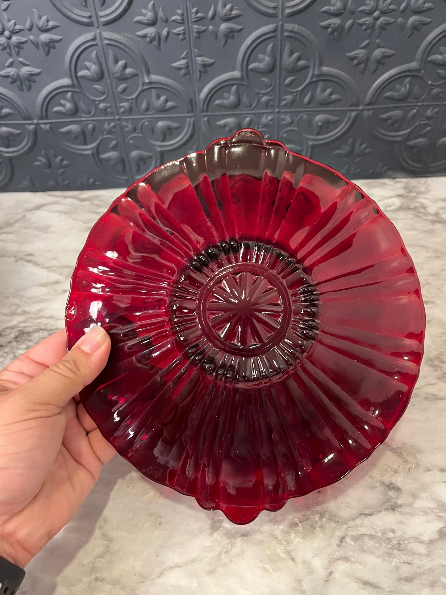 Red Glass Anchor Hocking Shallow bowl