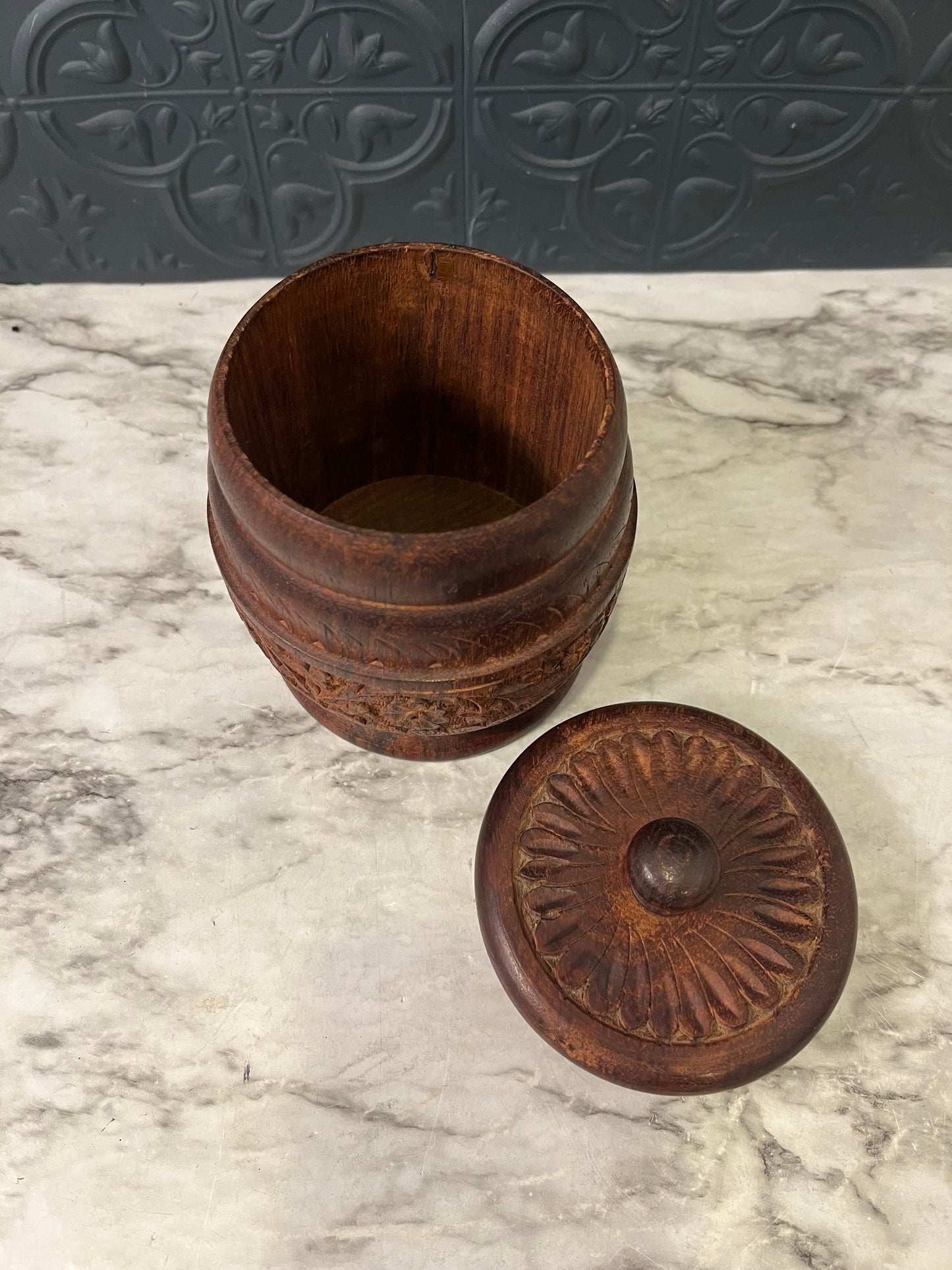 Wood Carved Canister with Lid