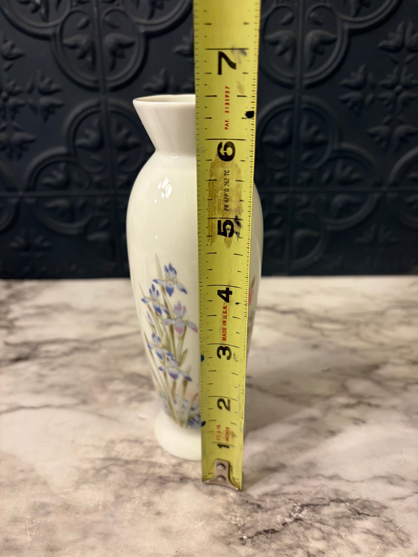 Small White Bud vase with pink and Purple Iris