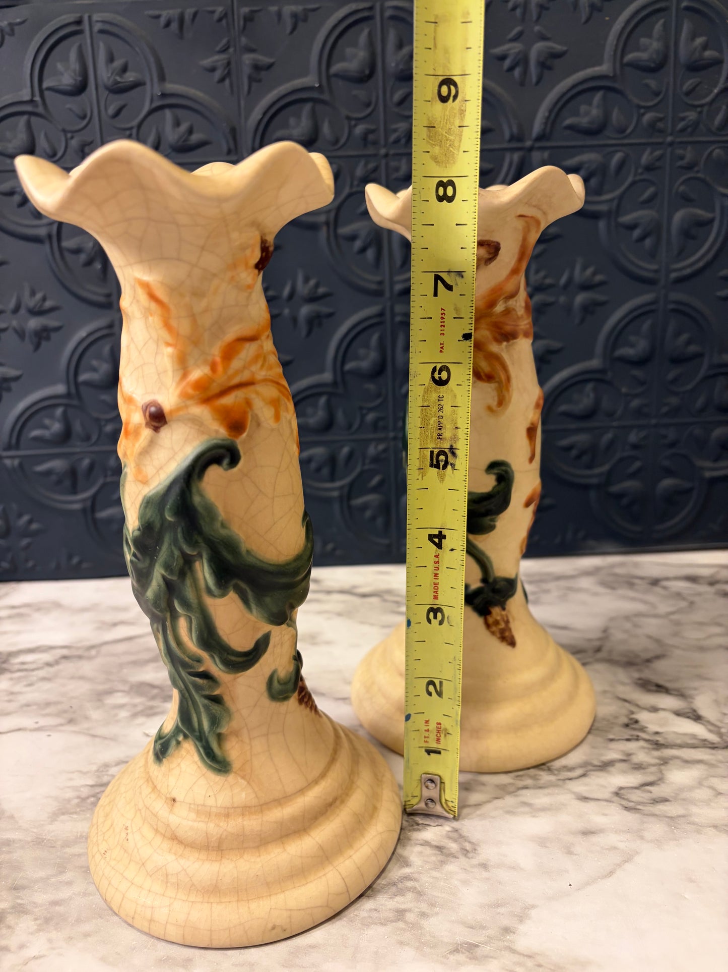 Pair of Cream Candle Holders with Green and orange