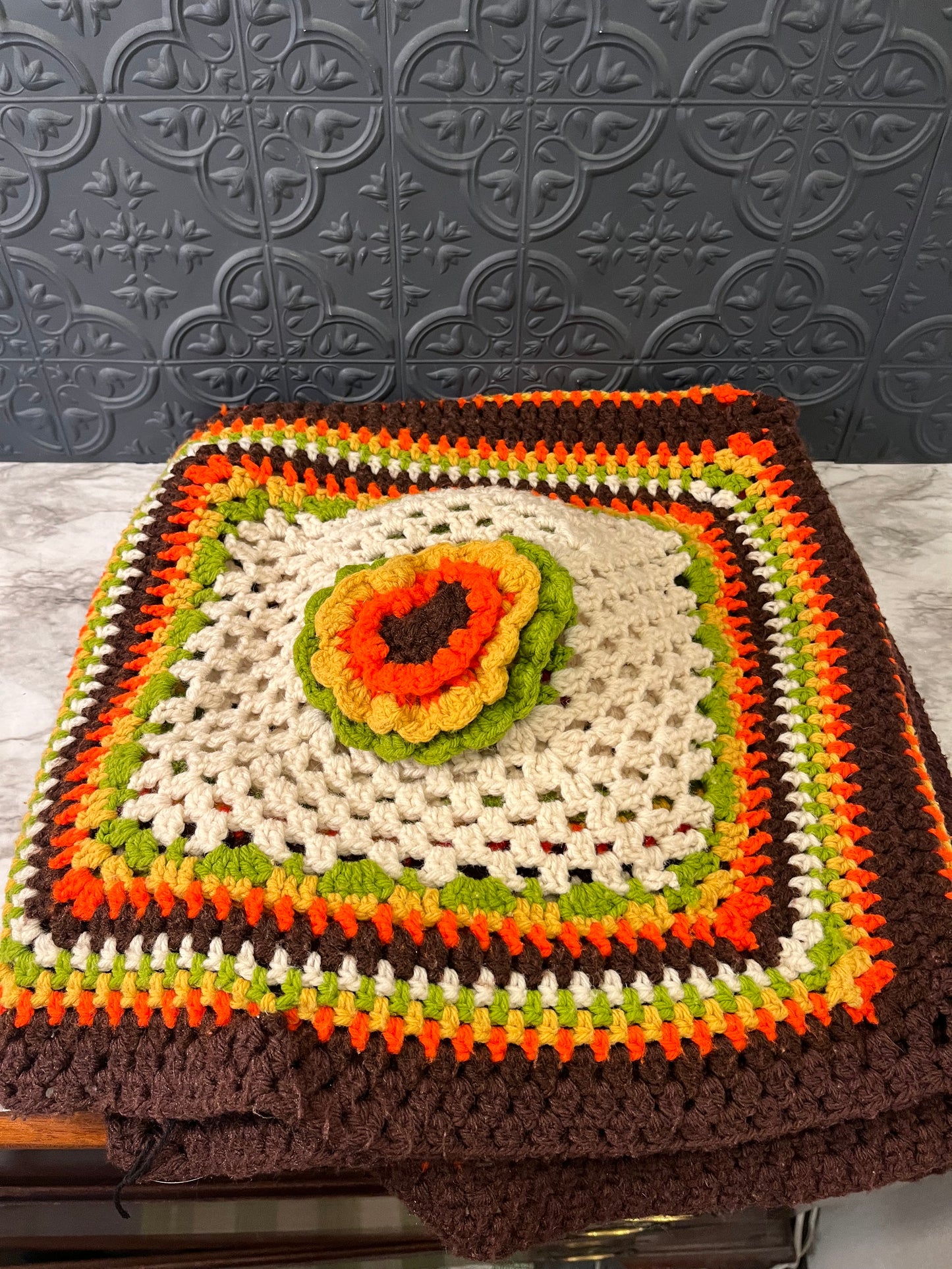 Orange Green Brown Afghan with Flowers