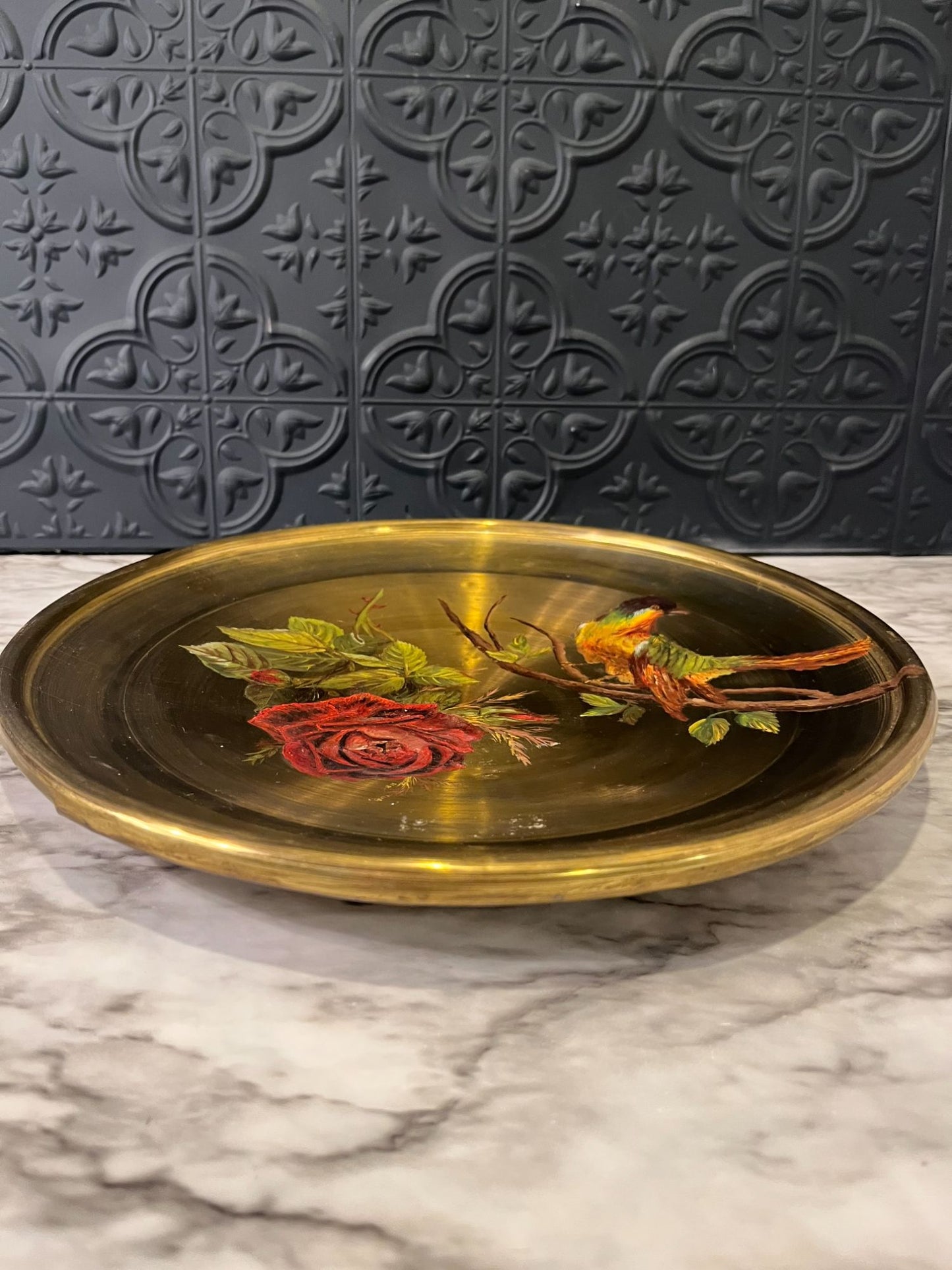 Brass Tray with Painted Bird and  flower
