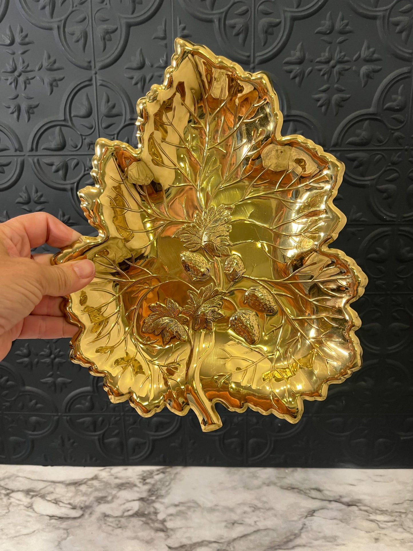 Brass Shaped Leaf Dish With Strawberries