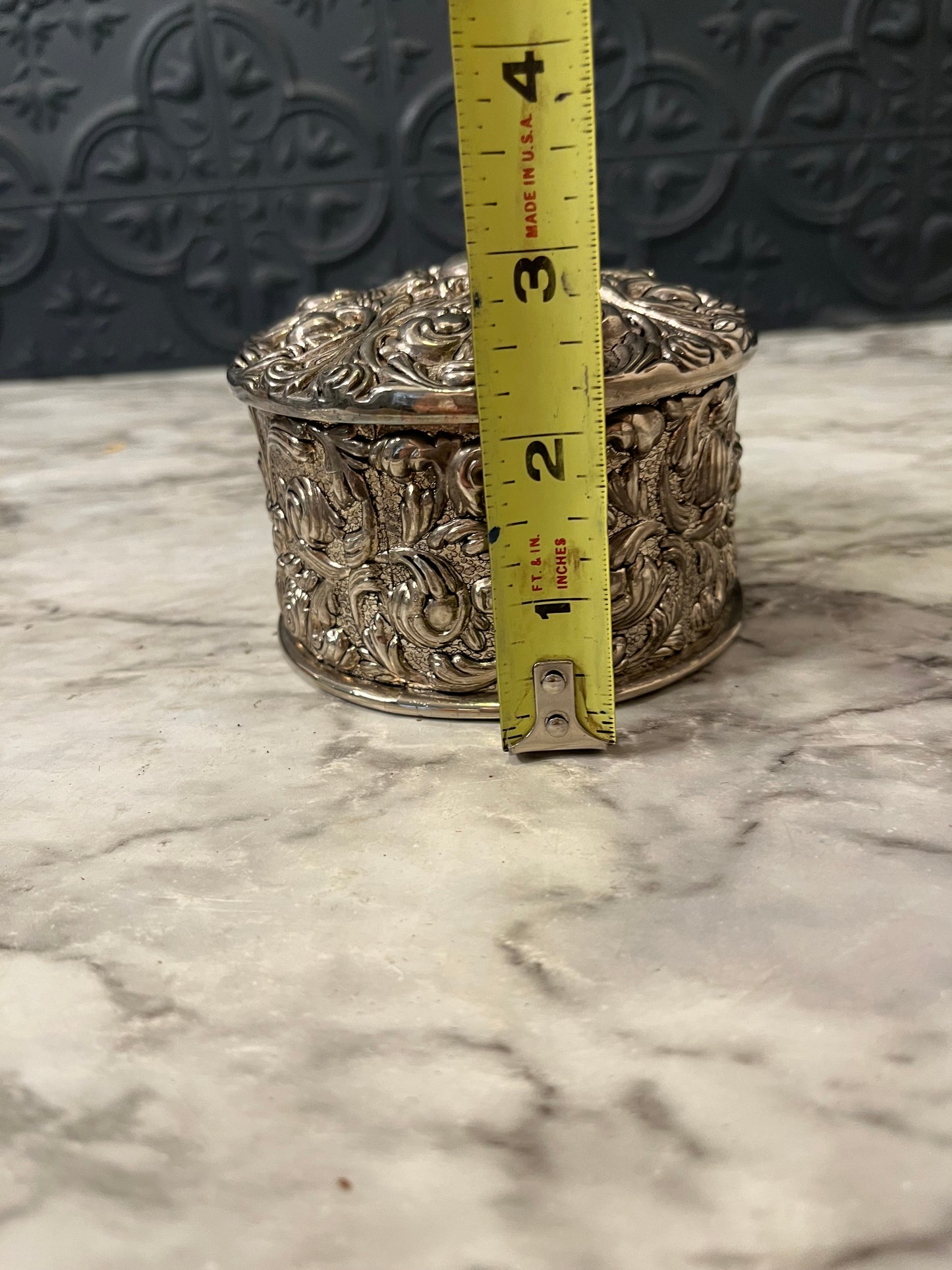 Ornate Round Trinket box with Blue Velvet interior