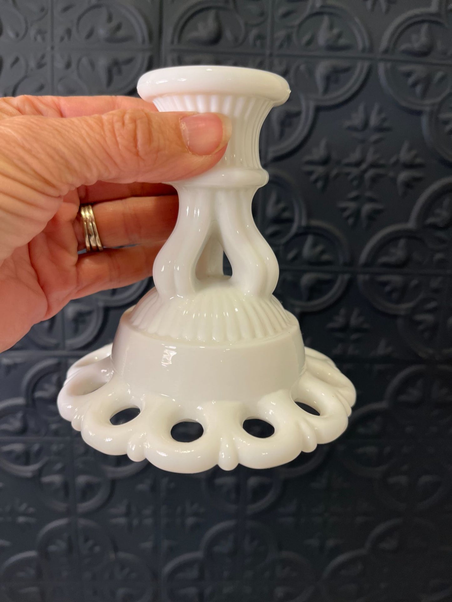 Westmorland Lace Milkglass candle holders x 2