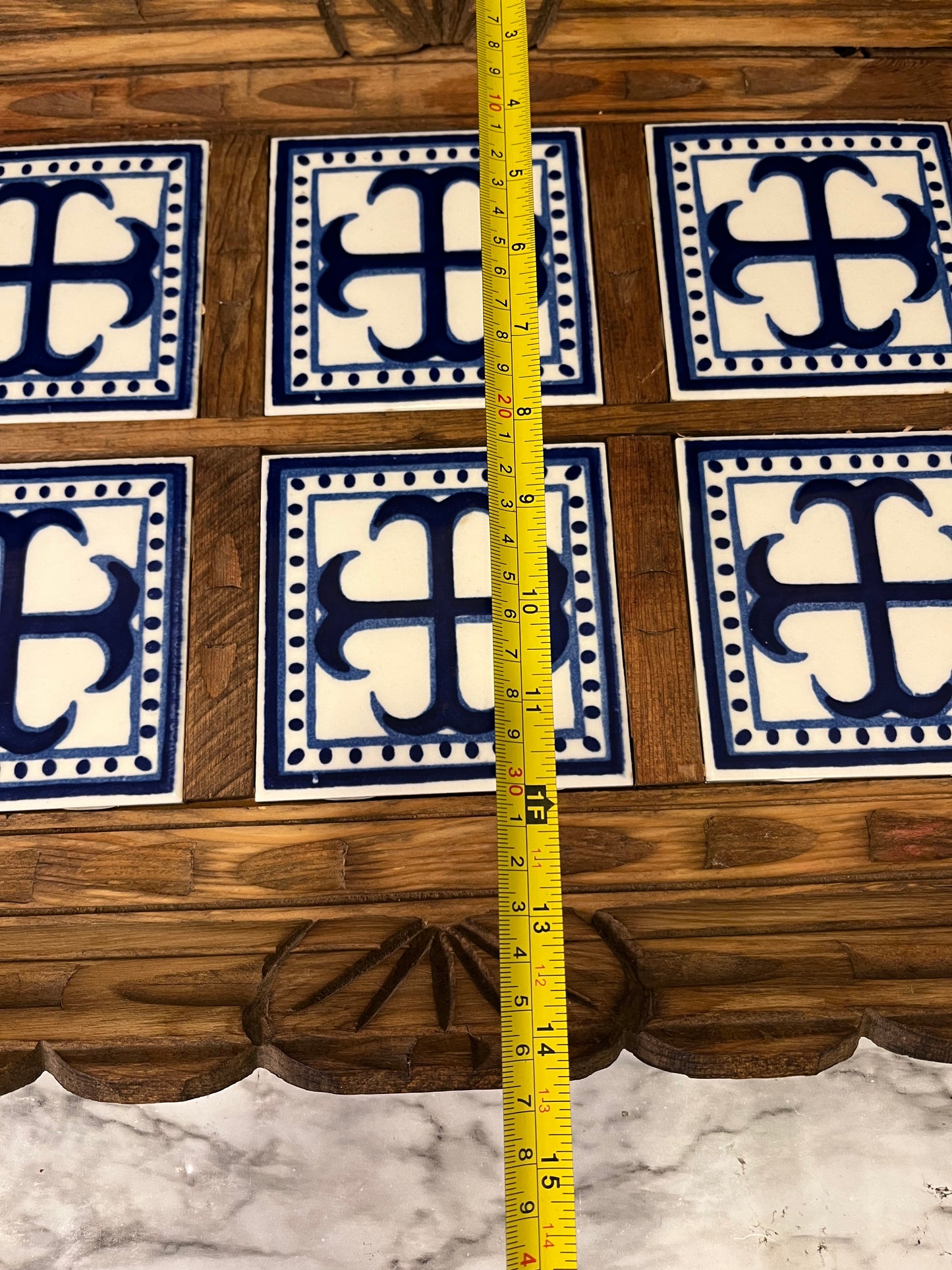 Carved Wood Serving Tray with Blue and White Tiles