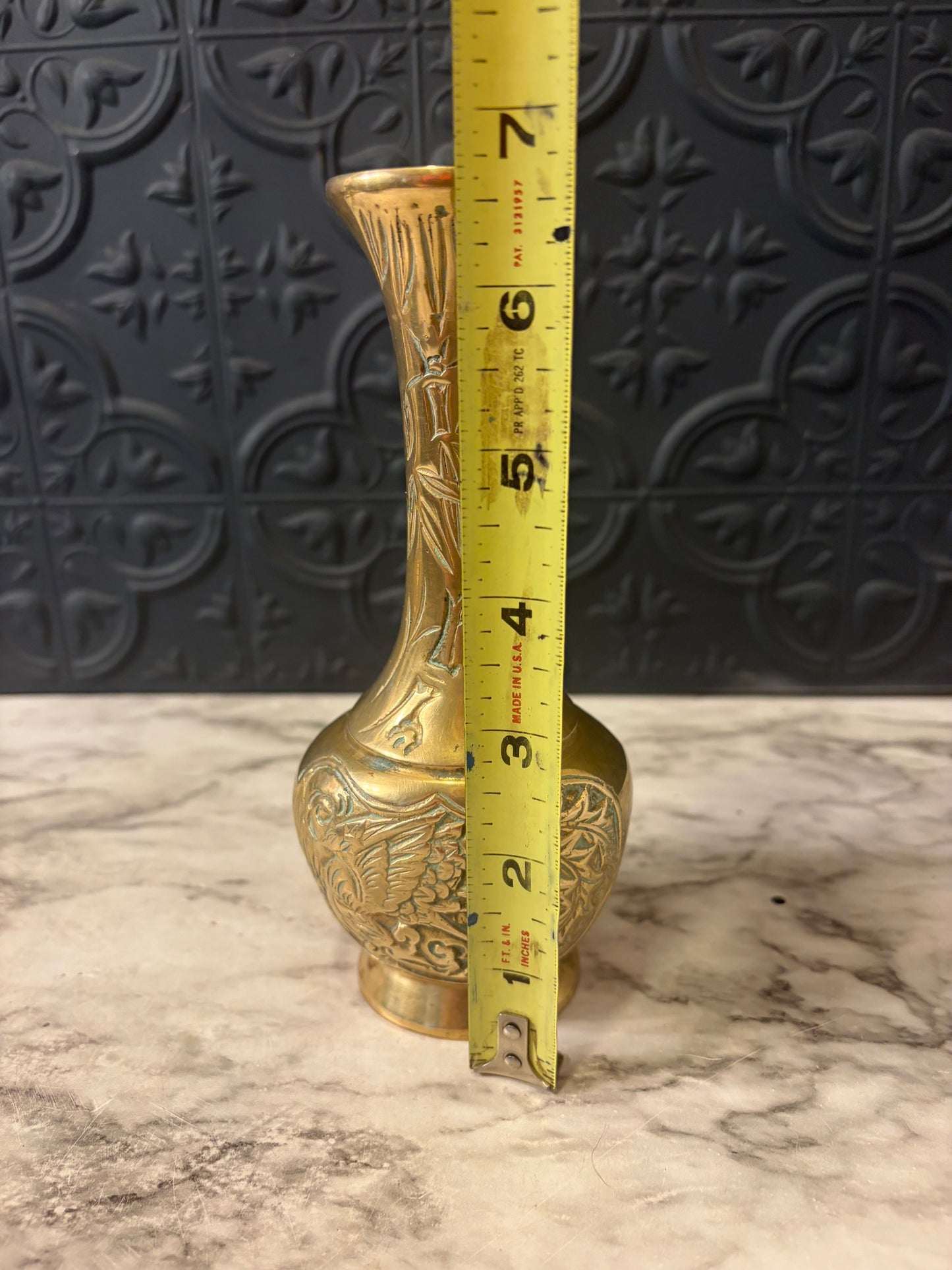 Japanese Brass Etched Vase with Phoenix and Bamboo