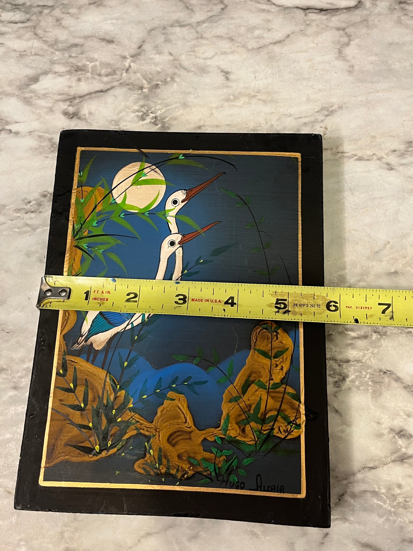 Vintage Stork Painting on Wood by Hugo Alcala