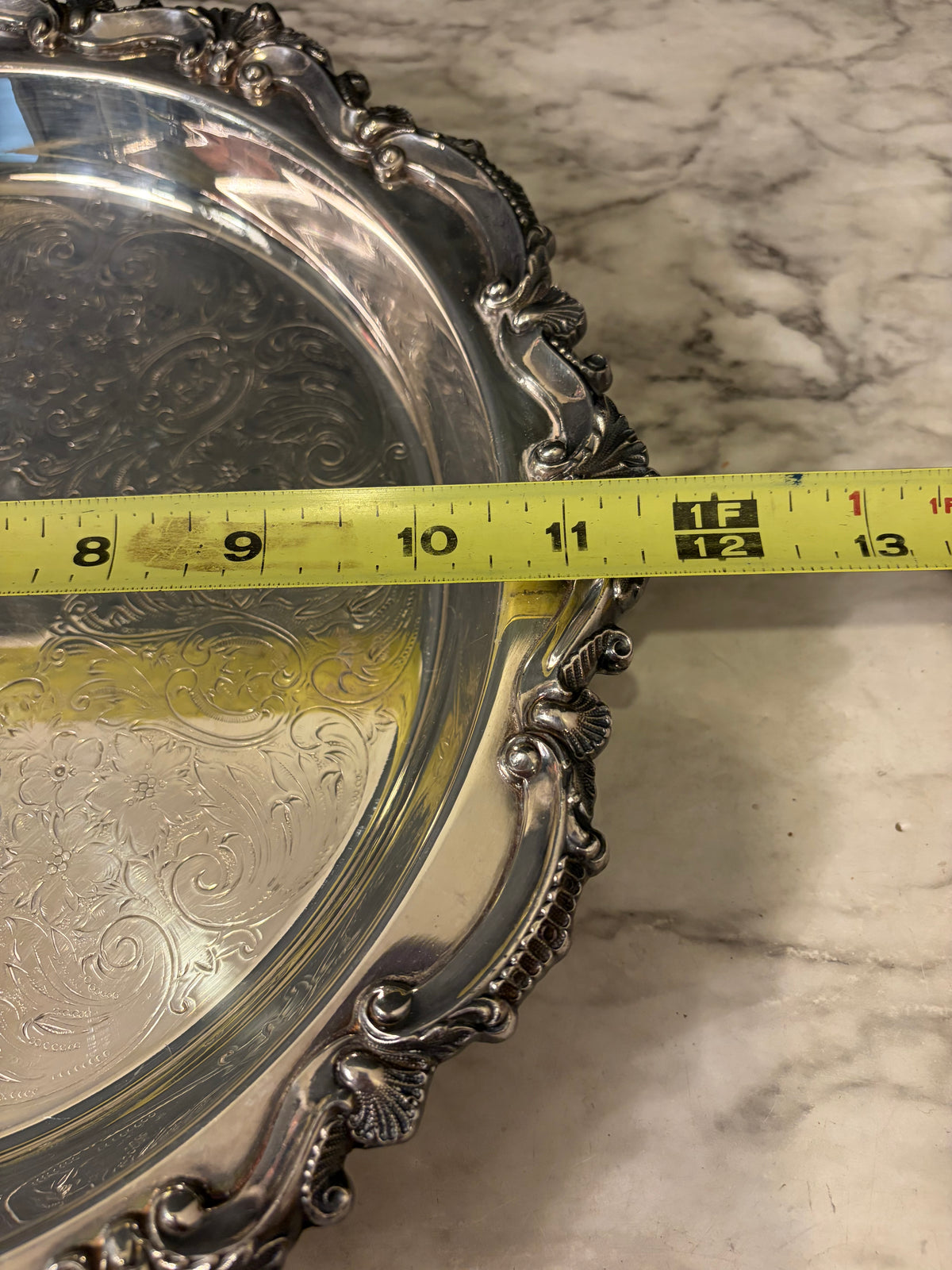 12" Silver Plate Etched Tray with Feet