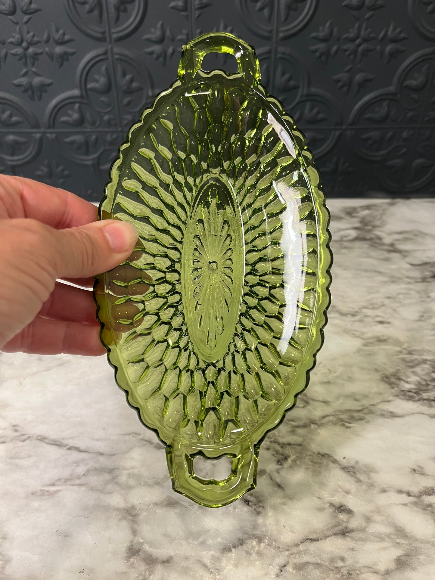 Green Indiana Glass Honeycomb Dish with Handles Oval