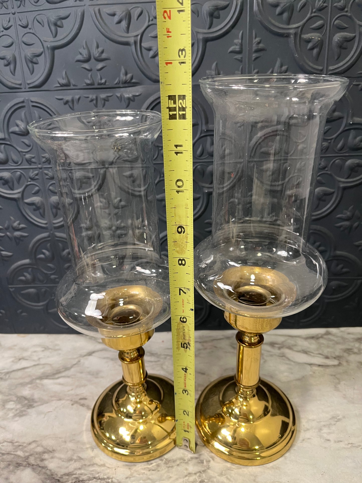 Pair of Brass and Glass Hurrican Candle Holders 11.5 & 12.5"