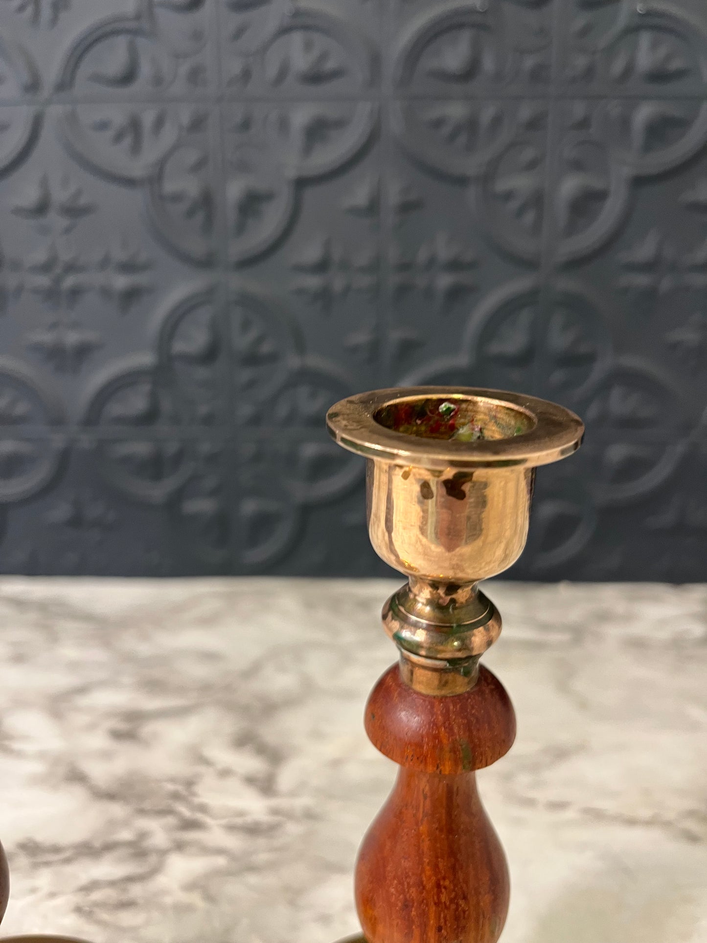 Brass and Wood Candle Holder x 2